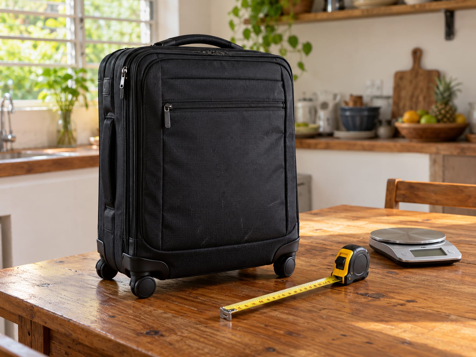 A small black cabin bag on a kitchen table next to a tape measure and a kitchen scale with a blank display