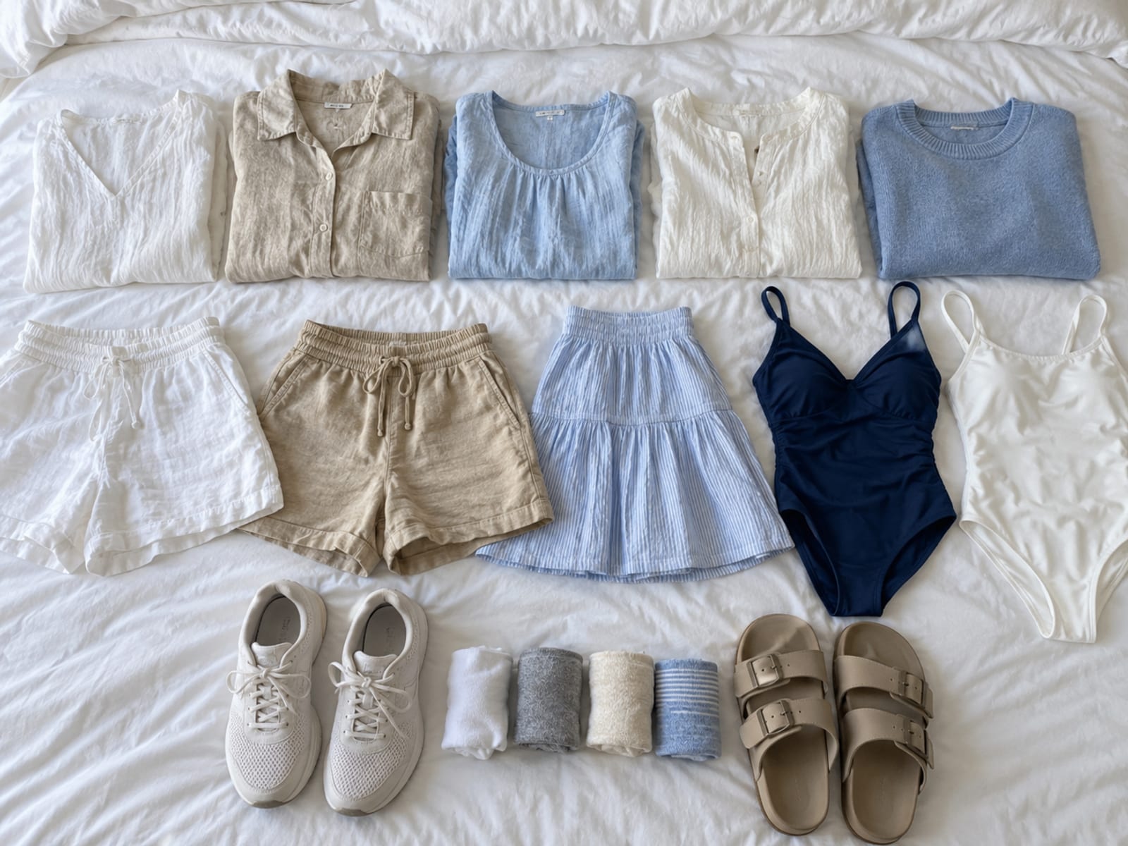 Light tops, shorts, swimsuits and sandals arranged in rows on a made bed in neutral and blue colours