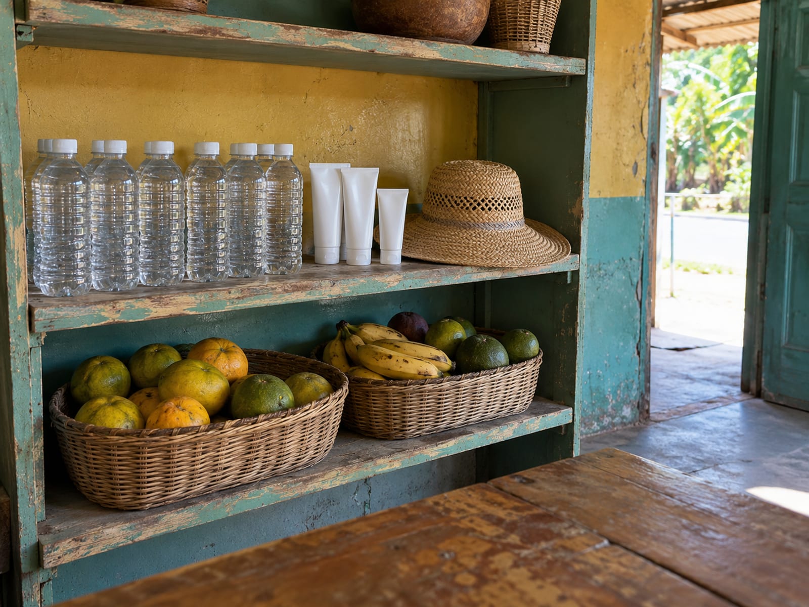 A painted shelf in a small shop with plain water bottles, plain tubes and a straw hat, as items easy to buy on arrival