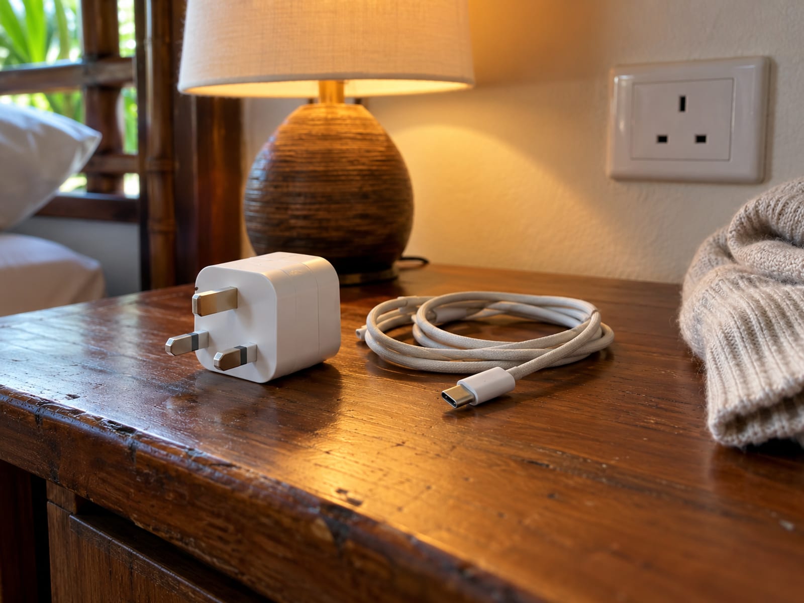A plain travel adapter and white charging cable on a wooden shelf next to a wall socket and a small lamp