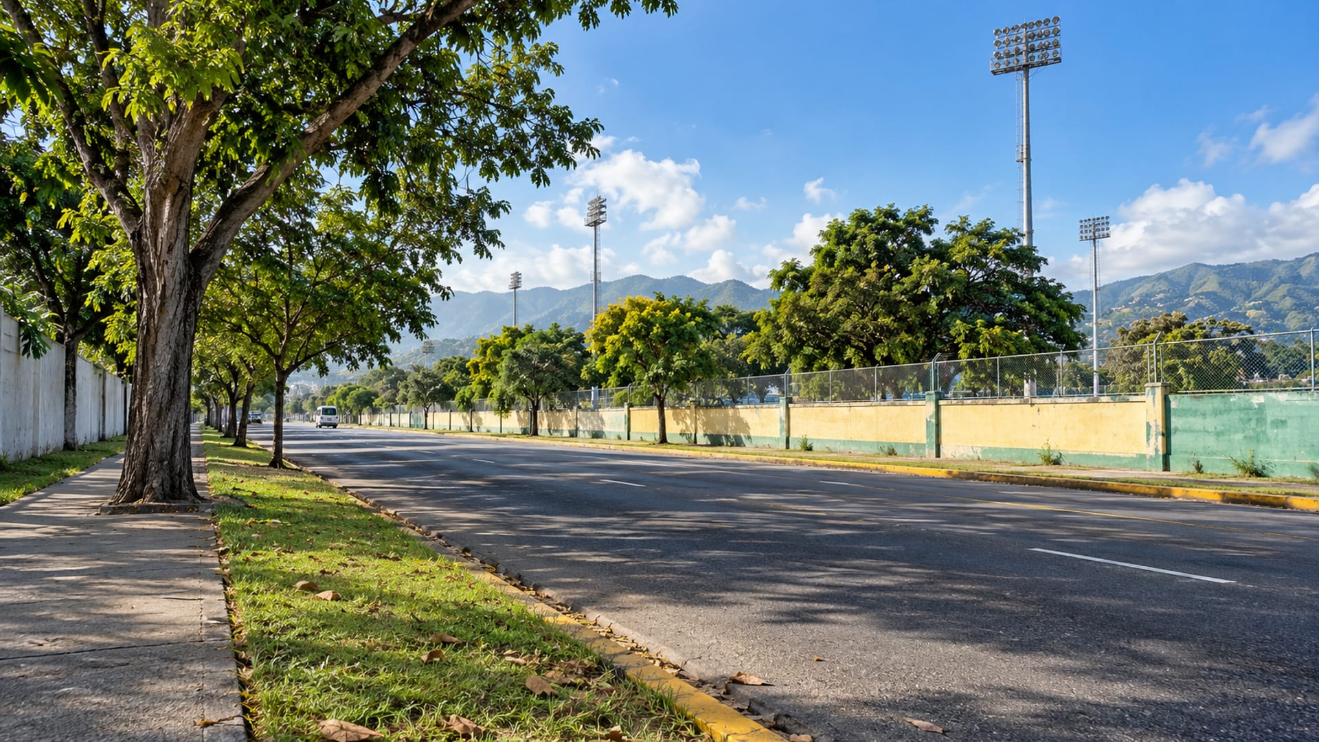 Wide view of a tree lined Kingston road beside a large athletics ground with tall floodlight masts and a grass bank, empty in the morning