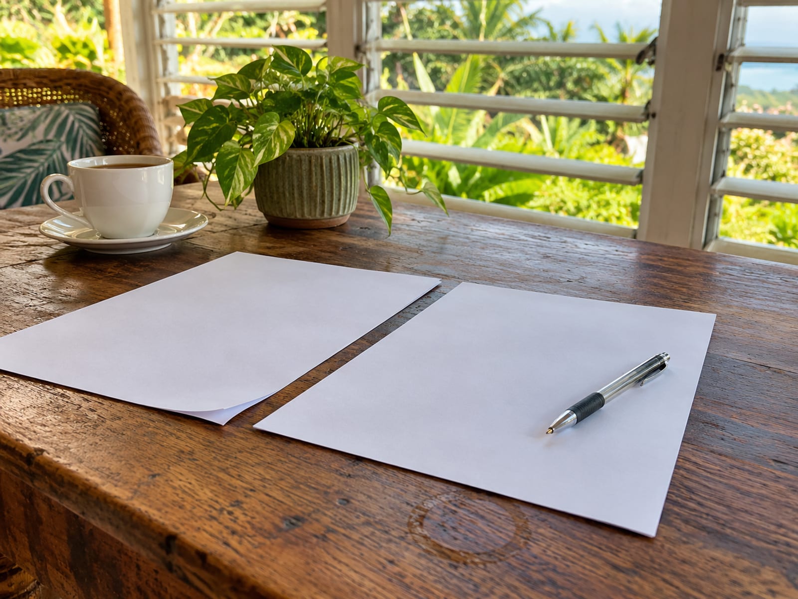 Two blank sheets of paper, a pen and a teacup on a wooden table on a verandah, with louvre windows behind