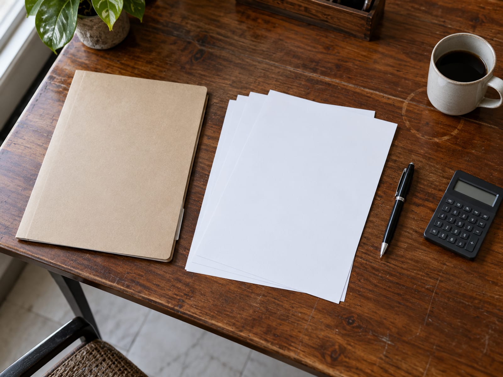 Top down view of a closed folder, blank sheets of paper, a pen and a calculator on a wooden desk.