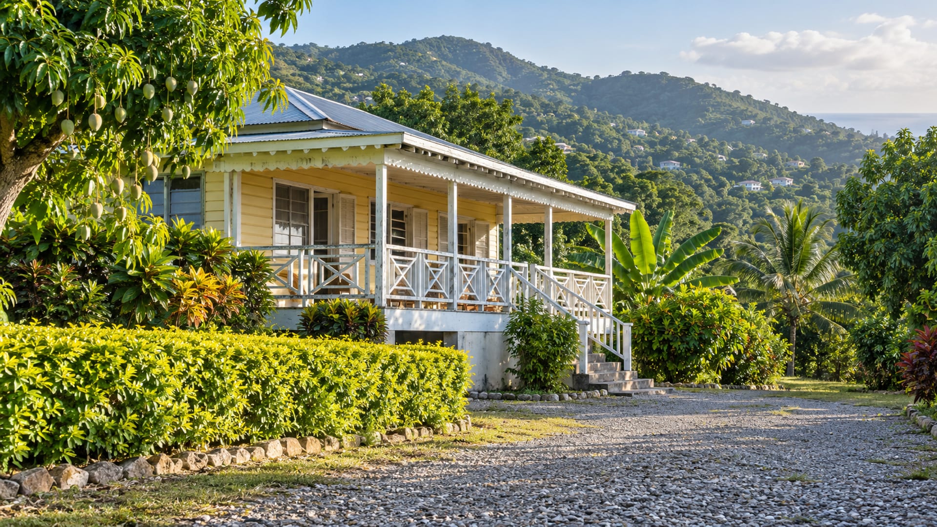 Hillside house with a veranda among green hills on a clear December morning
