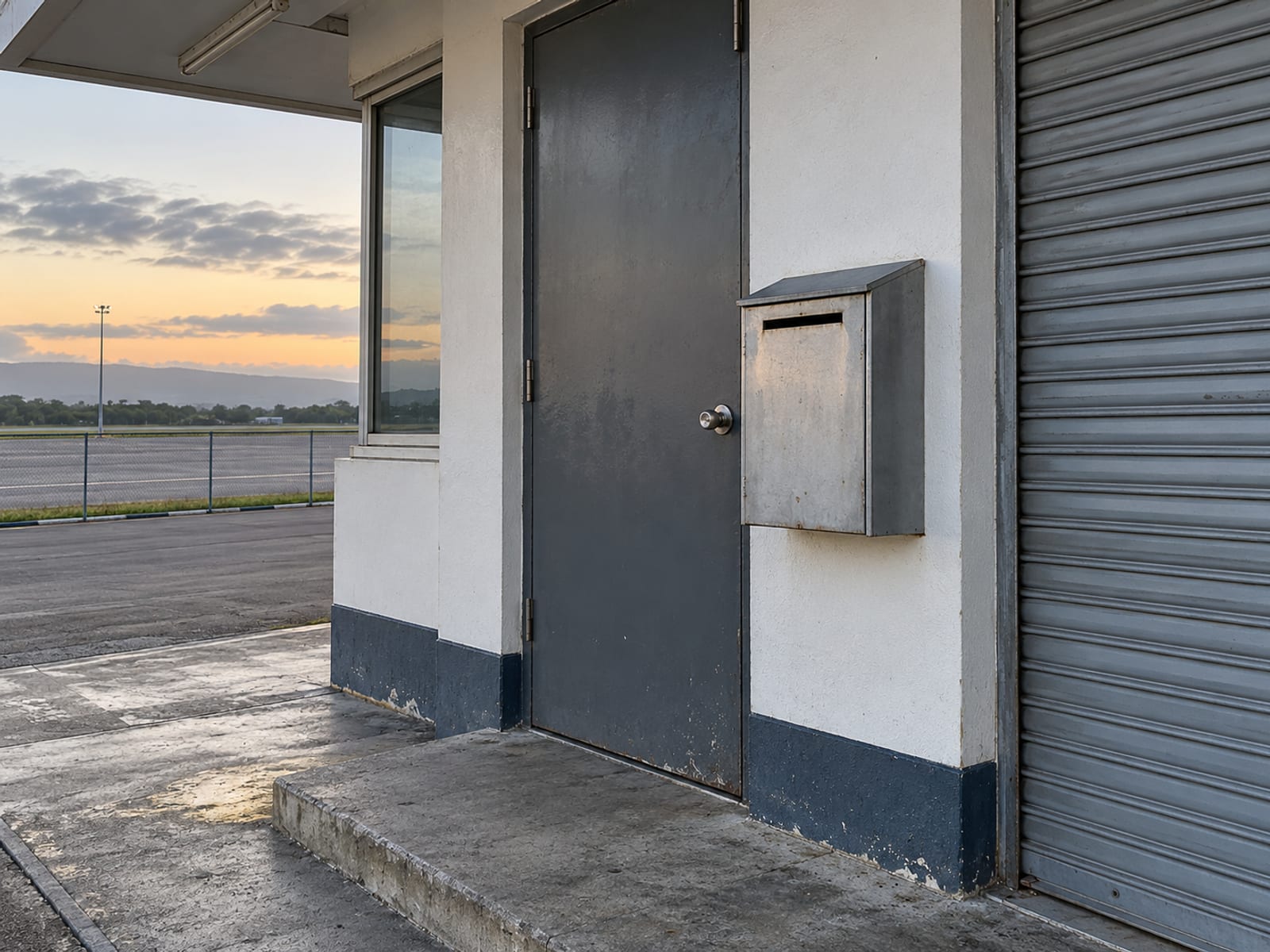Plain small office door with a roller shutter down and a blank wall mounted key drop box at early light