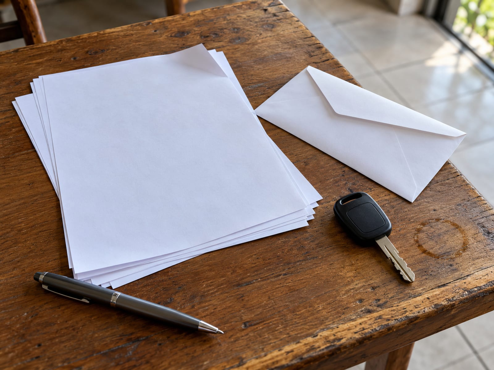 Car key, blank folded agreement pages and a small plain envelope on a wooden table