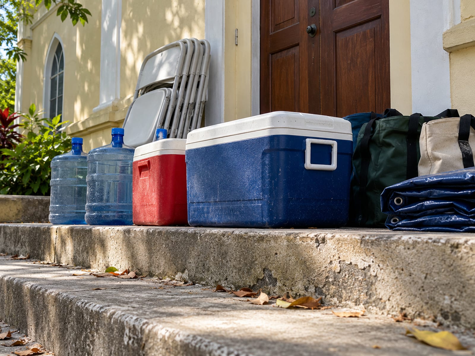Coolers, folded chairs and water jugs stacked on concrete church steps in morning light