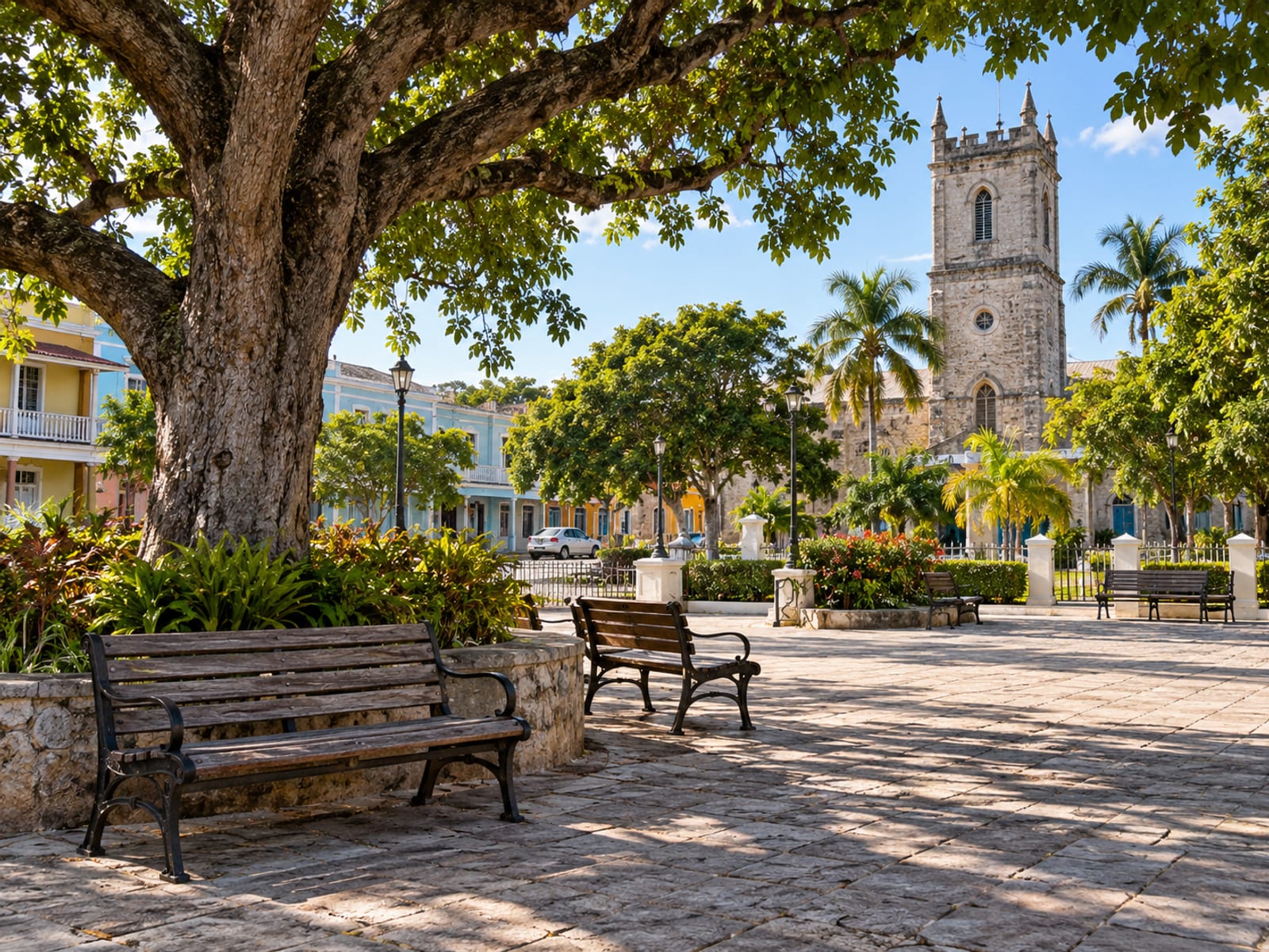 Empty paved square with wooden benches under a large shade tree and an old stone church tower beyond