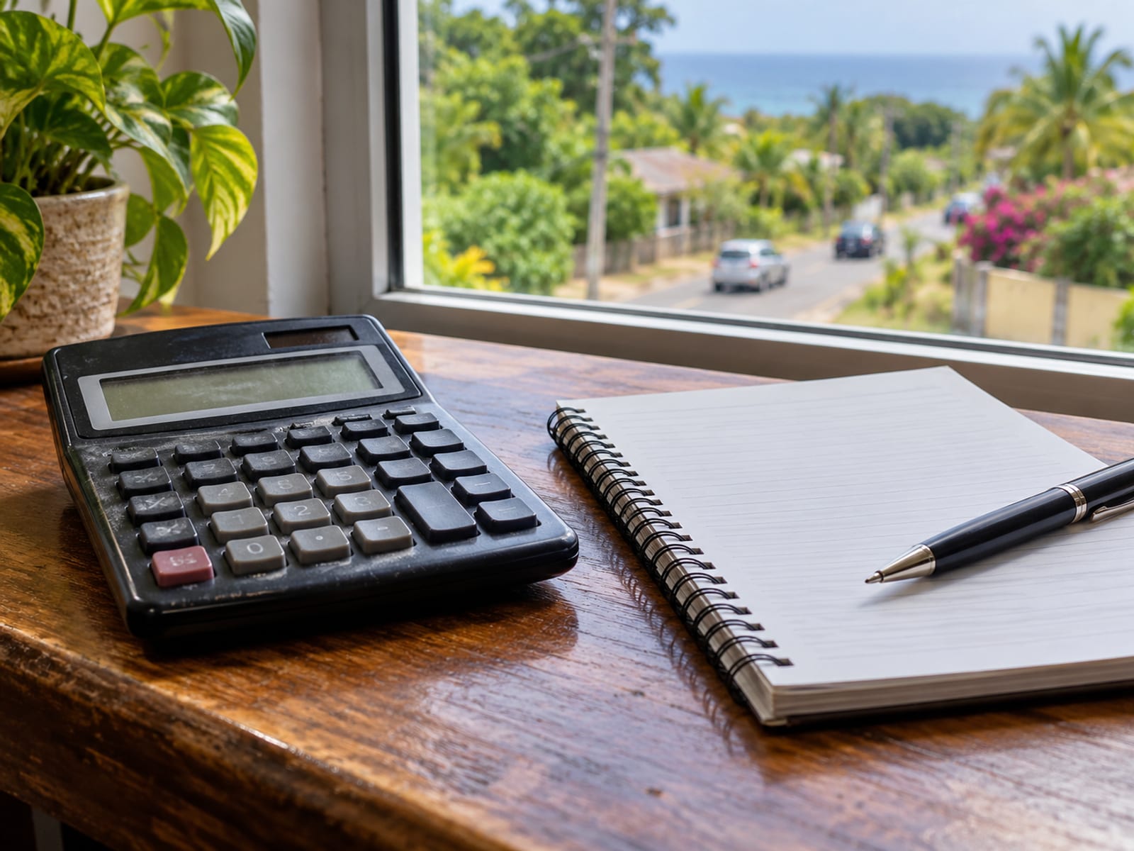 Close view of a calculator, a blank notepad and a pen on a wooden table beside a window