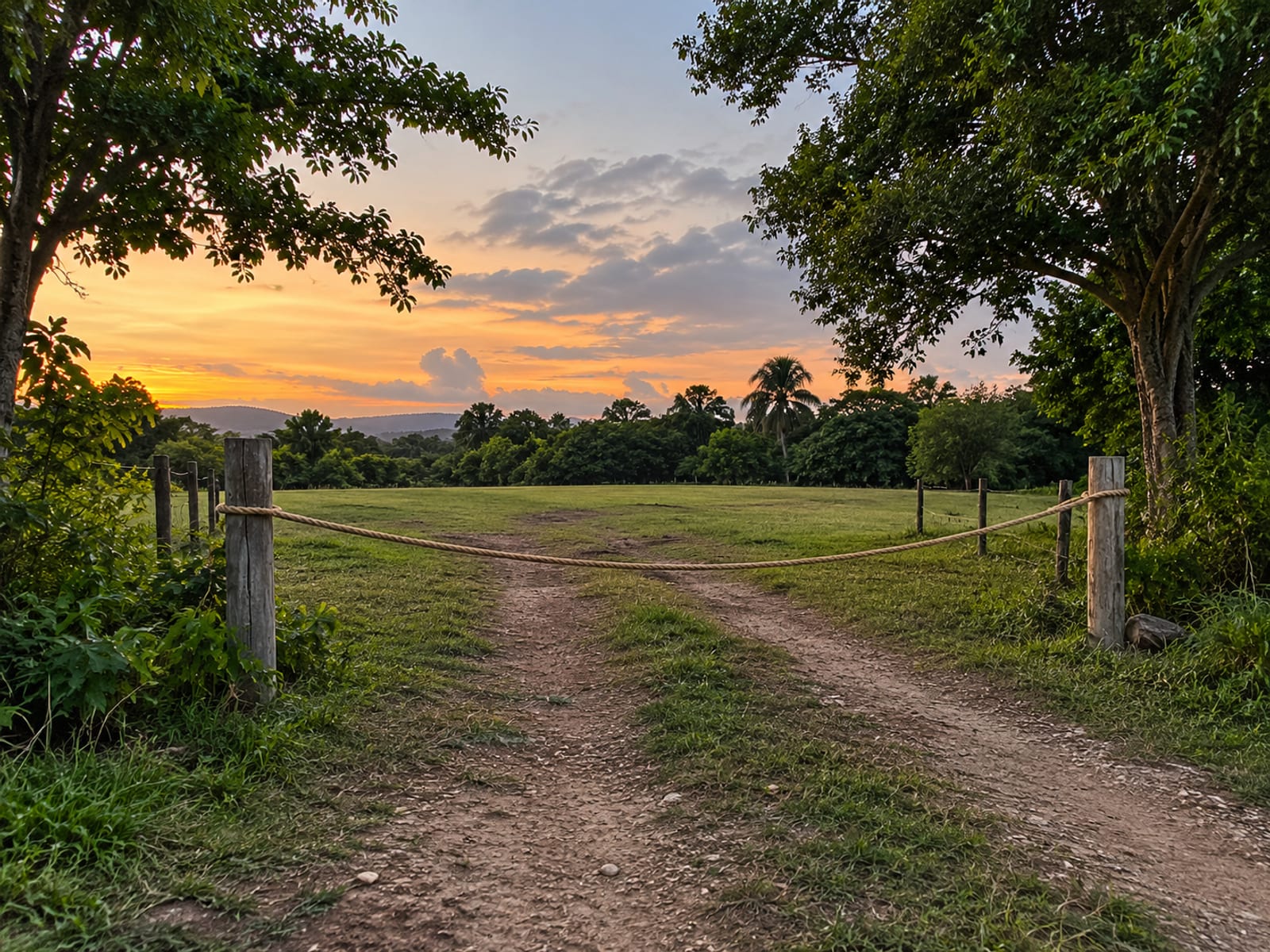Empty earth and grass entrance lane to a field with a plain rope barrier on posts and trees at dusk