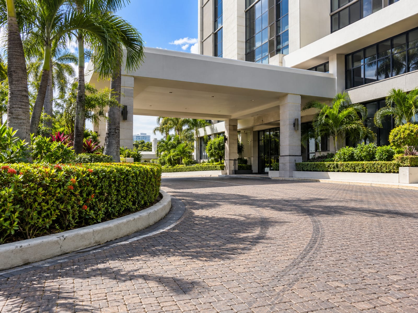 Empty curved driveway with a covered entrance, palms and wide turning space