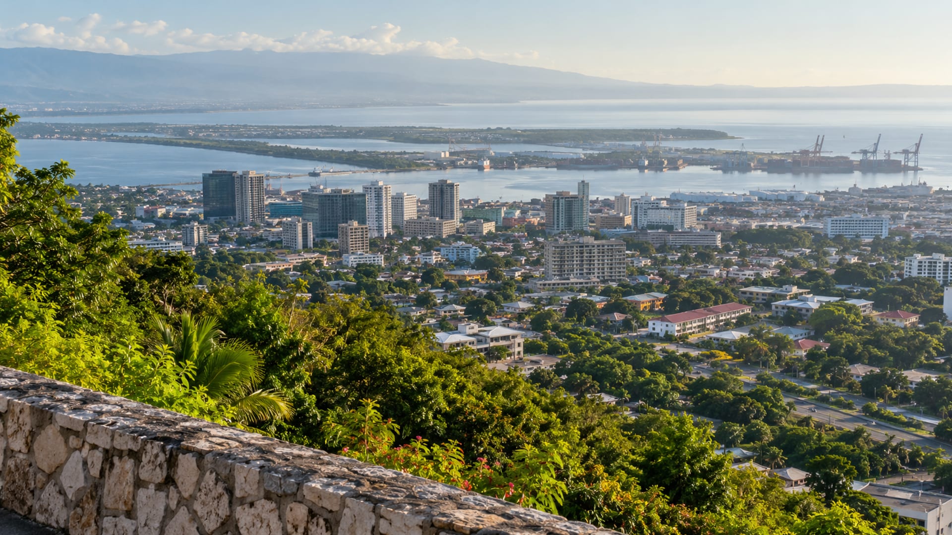Distant view of Kingston city buildings and harbour from a green hillside under a hazy morning sky