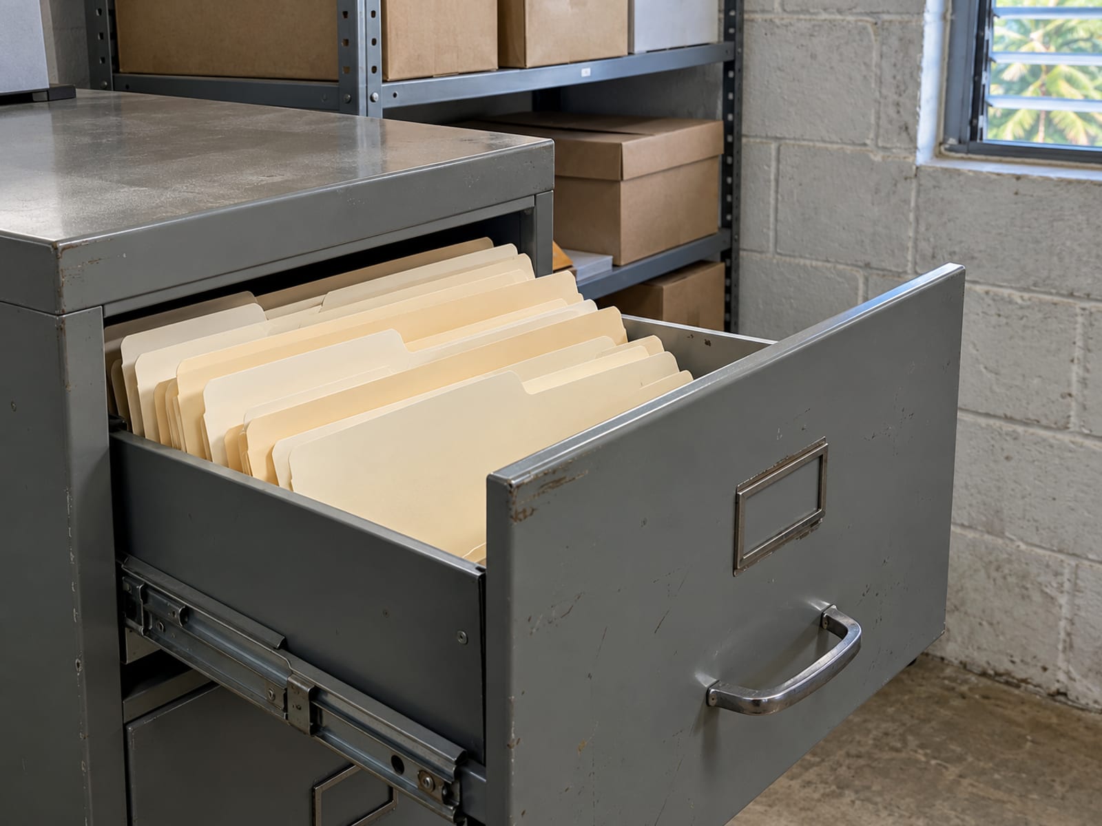 Open drawer of a grey metal filing cabinet holding blank cream folders in a storage room