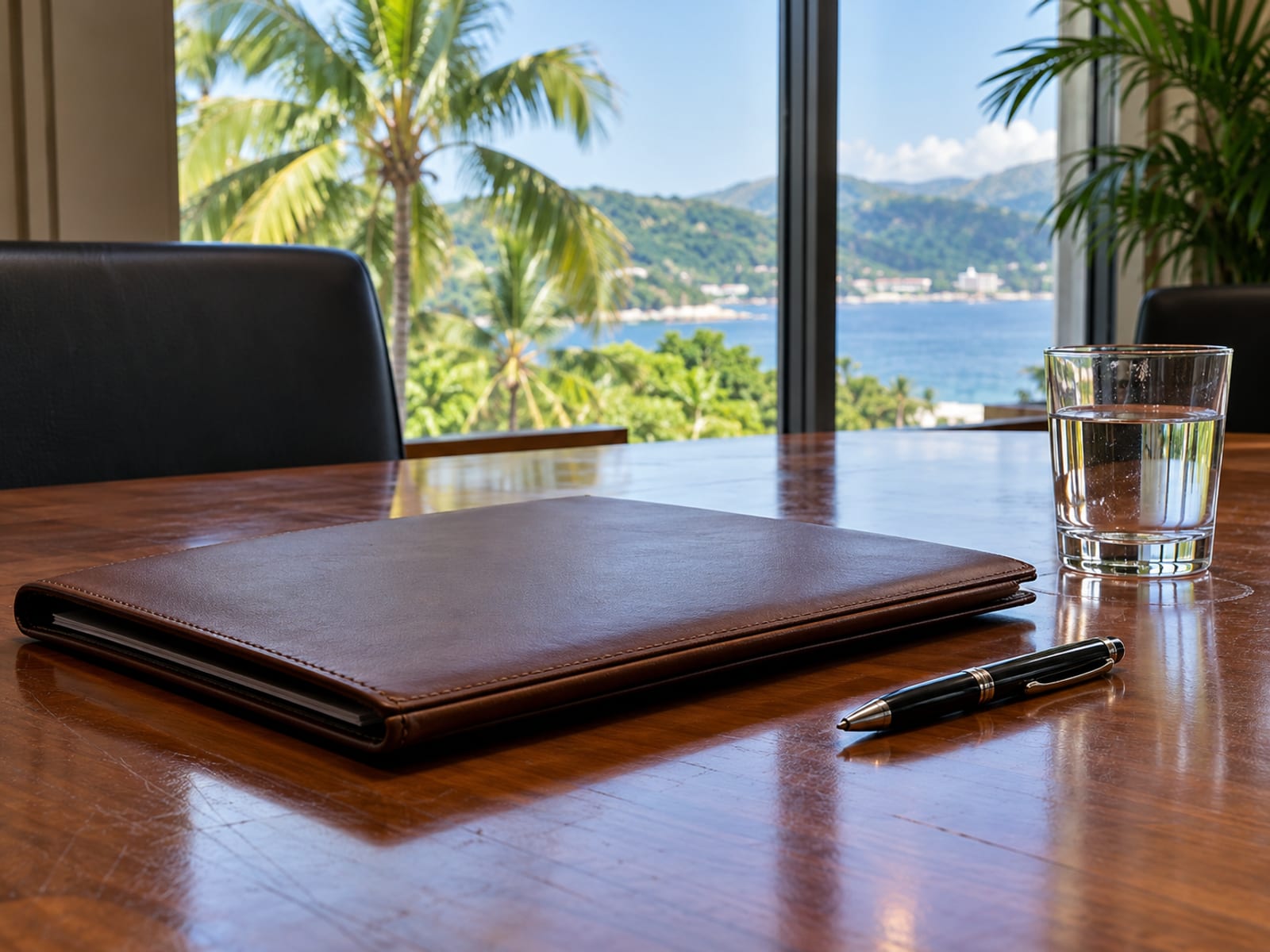 Closed brown folder and a pen lying on a wooden table beside a window with palm leaves outside