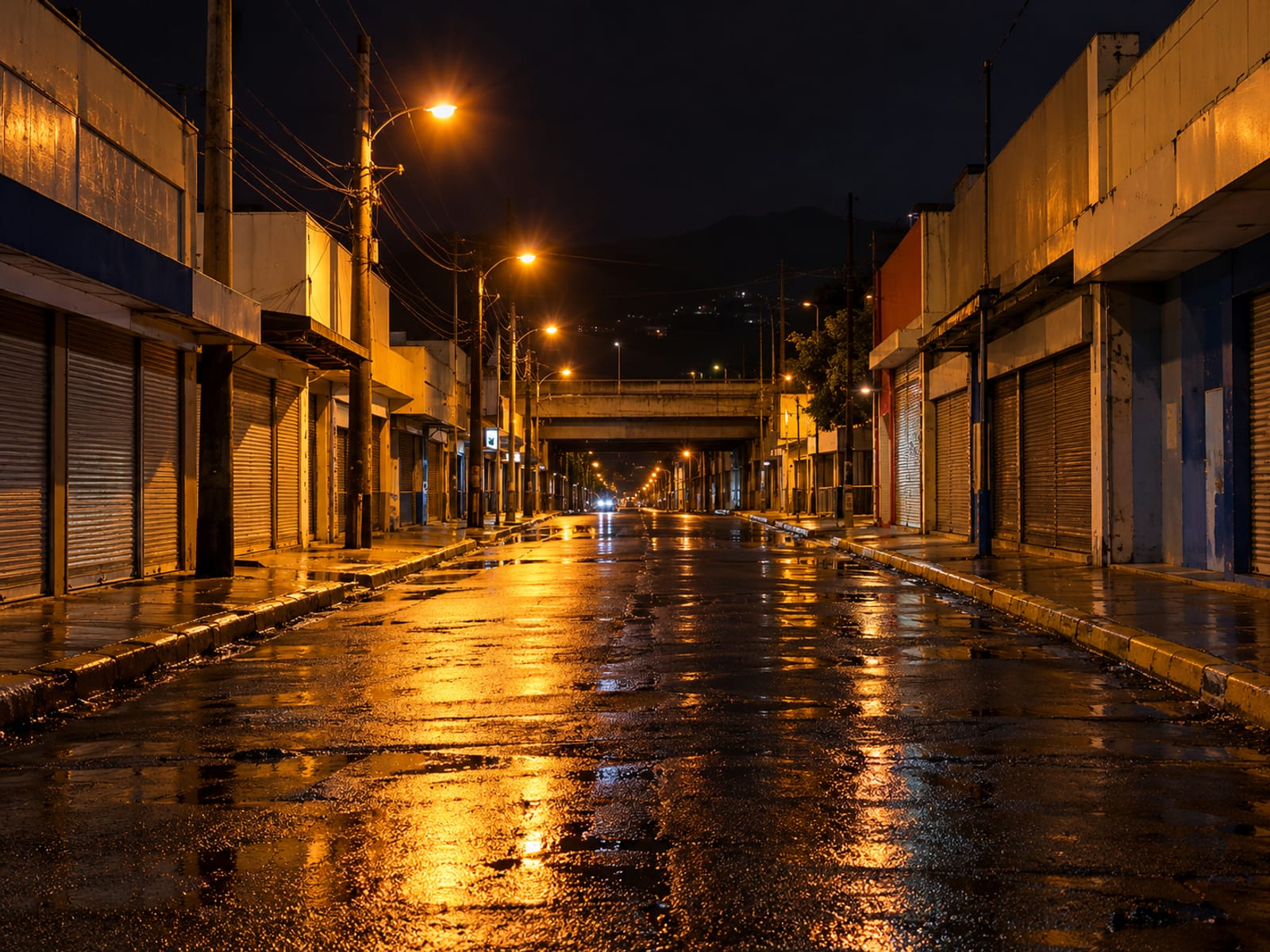 Empty wet street at night lit by street lamps with shuttered shopfronts and a bridge in the distance