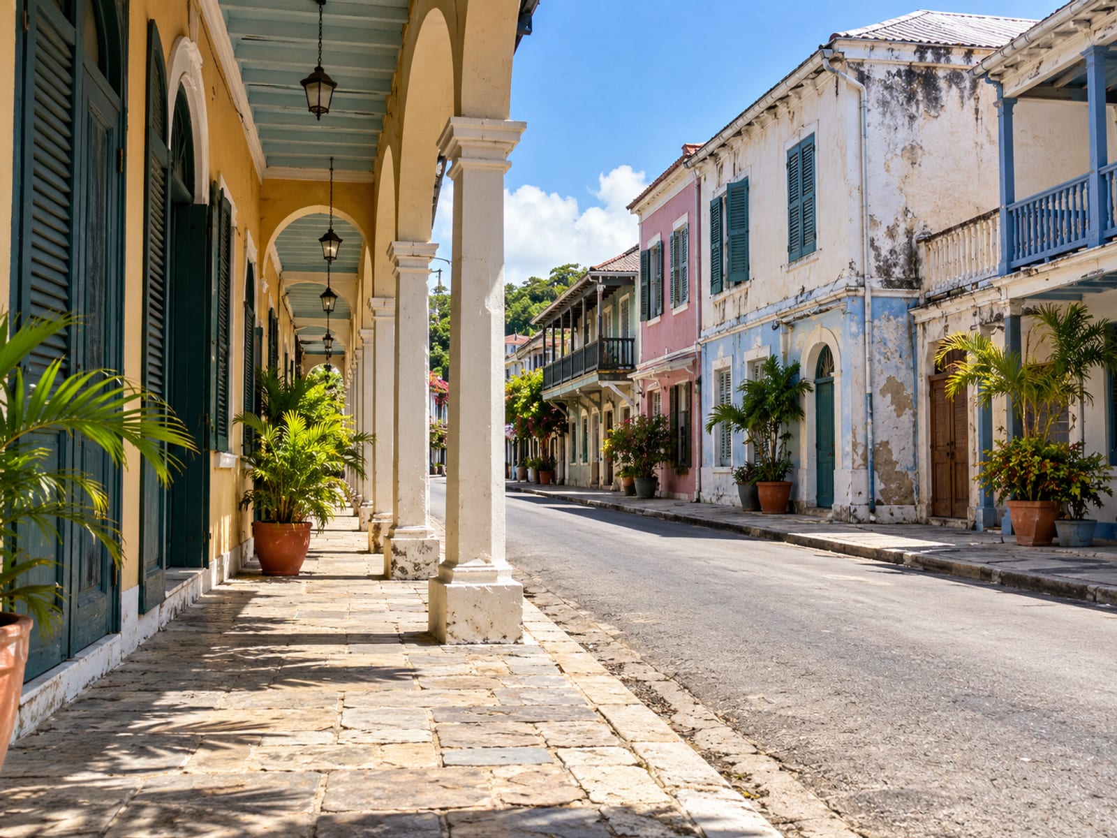 Quiet old town street with painted two storey buildings and a shaded arcade, empty, no signs