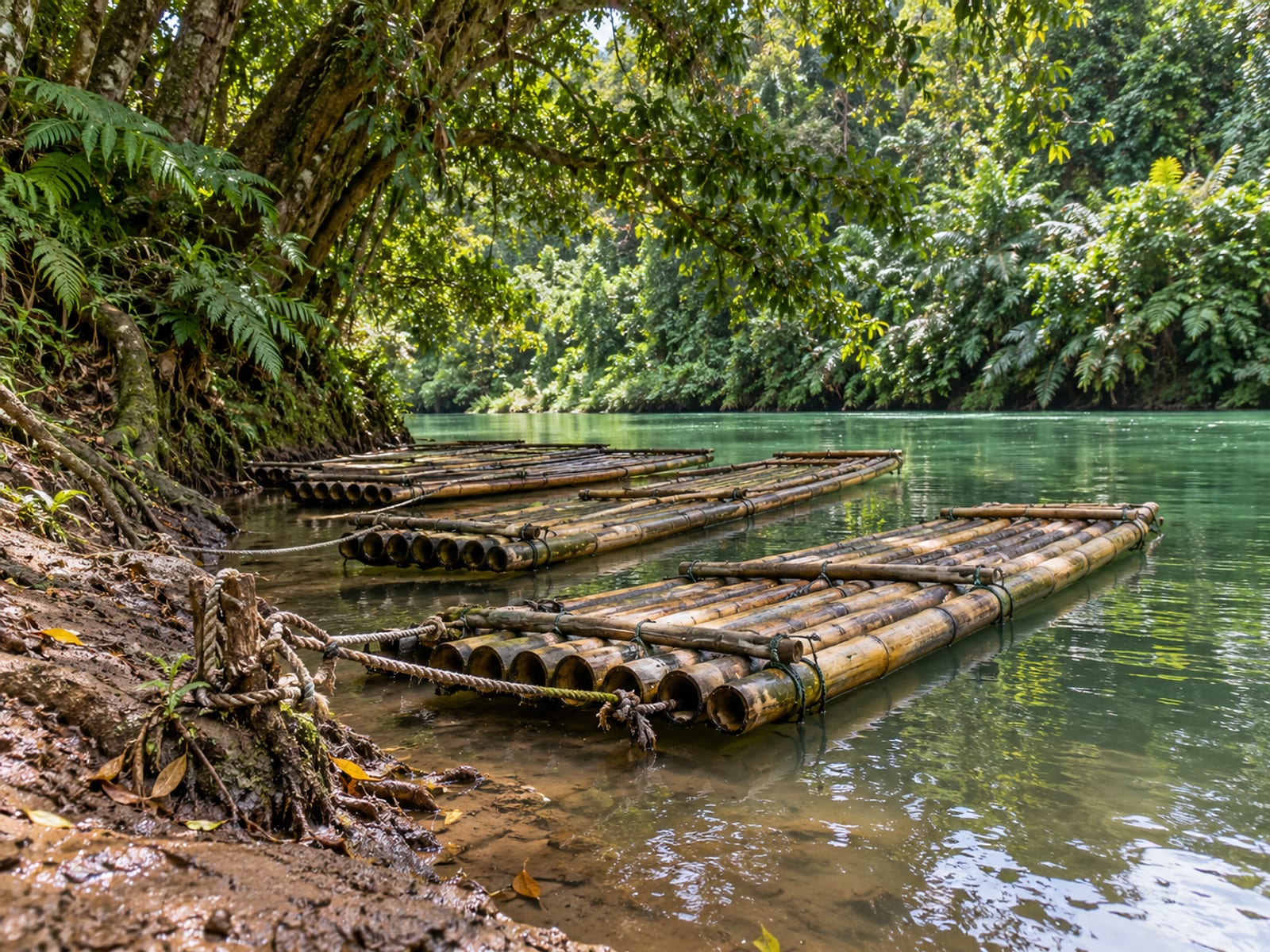 Bamboo rafts tied up empty at a quiet green riverbank under overhanging trees