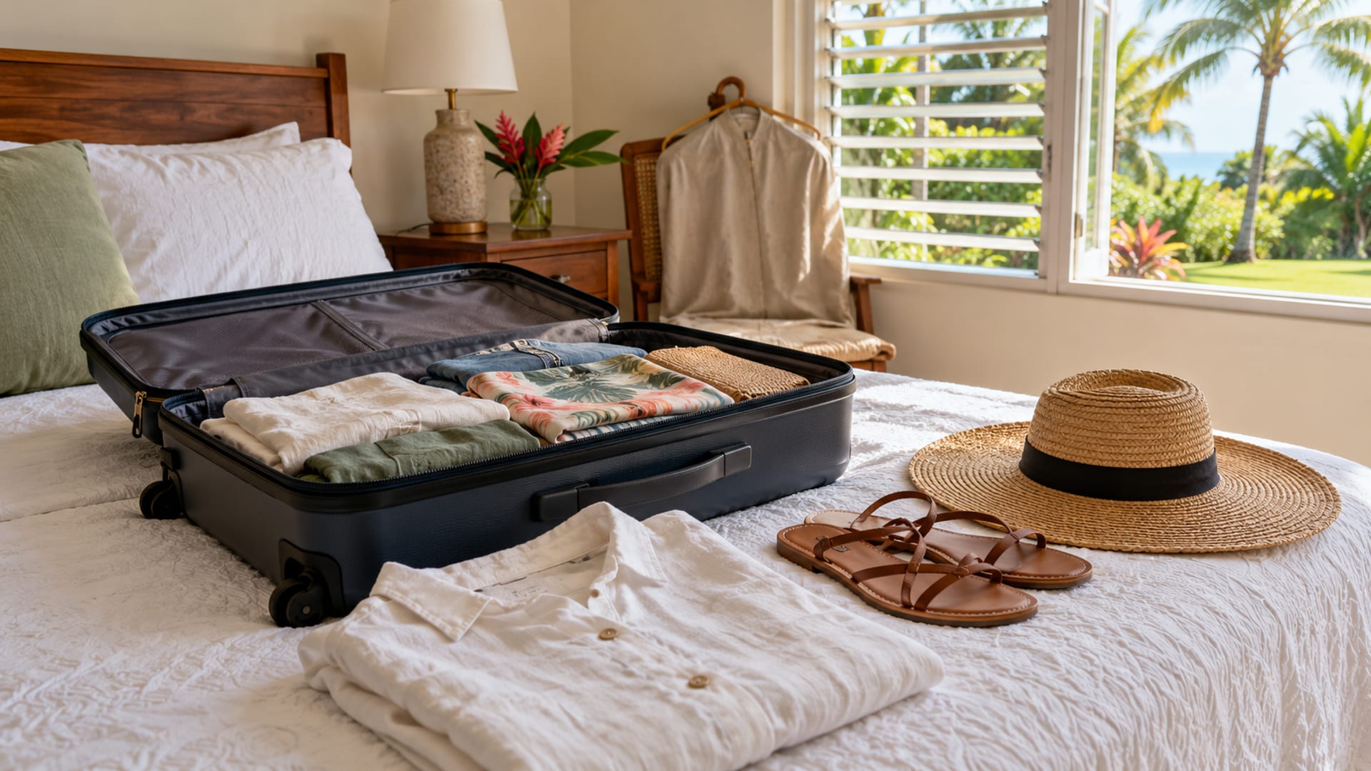 Open suitcase on a white bed with folded light clothes, flat sandals and a straw hat beside a window with a green garden outside