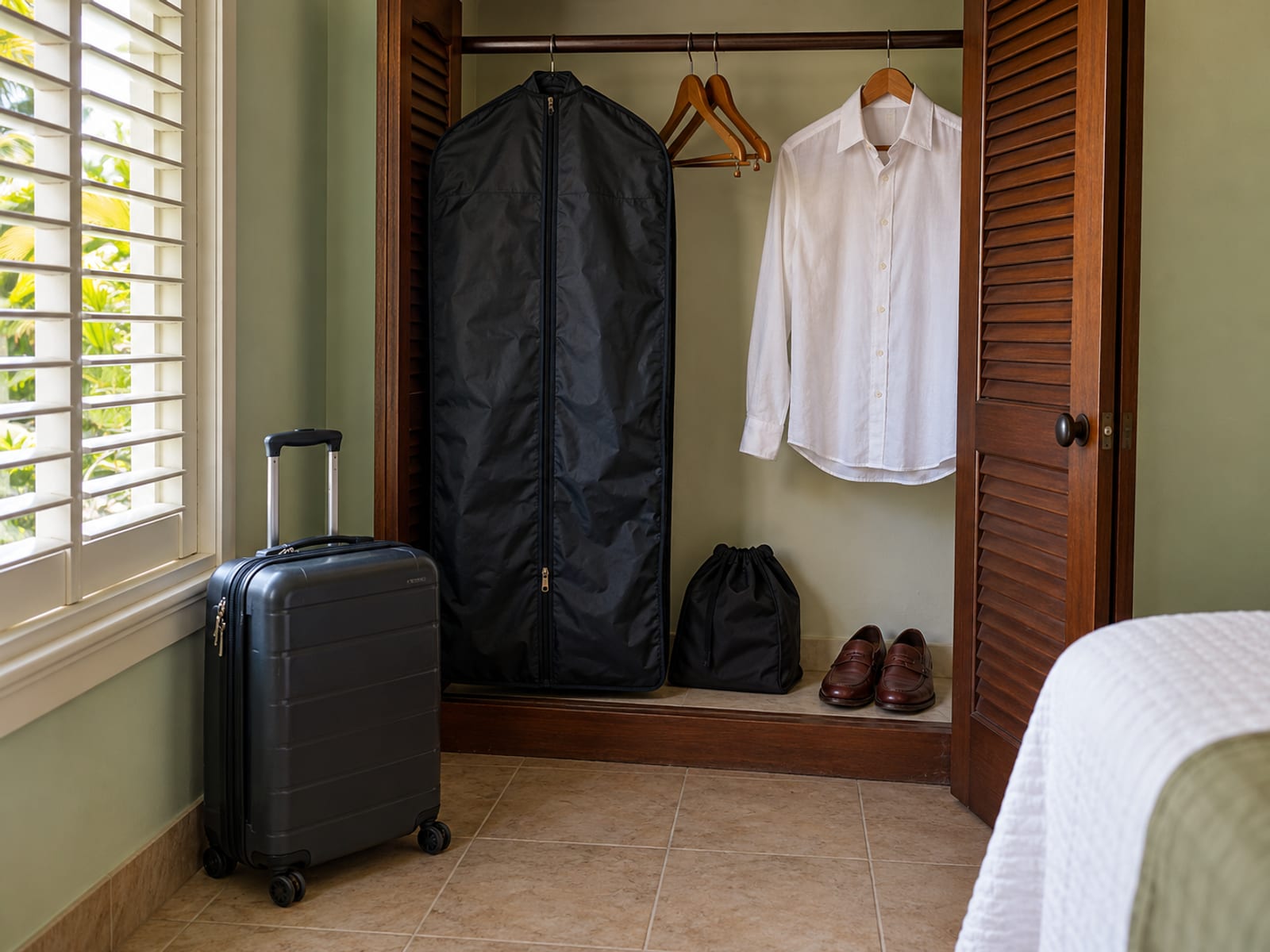 Soft garment bag with an outfit hanging on a wardrobe rail beside a small carry on case