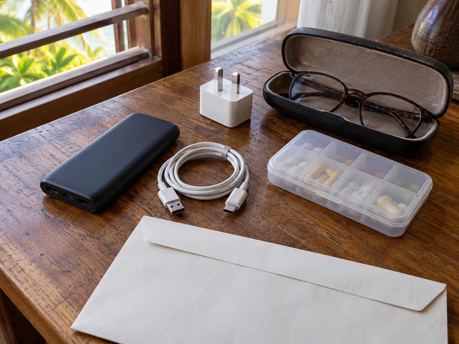 Power bank, charging cable, plug adapter, plain pill organiser and a blank envelope laid on a wooden table