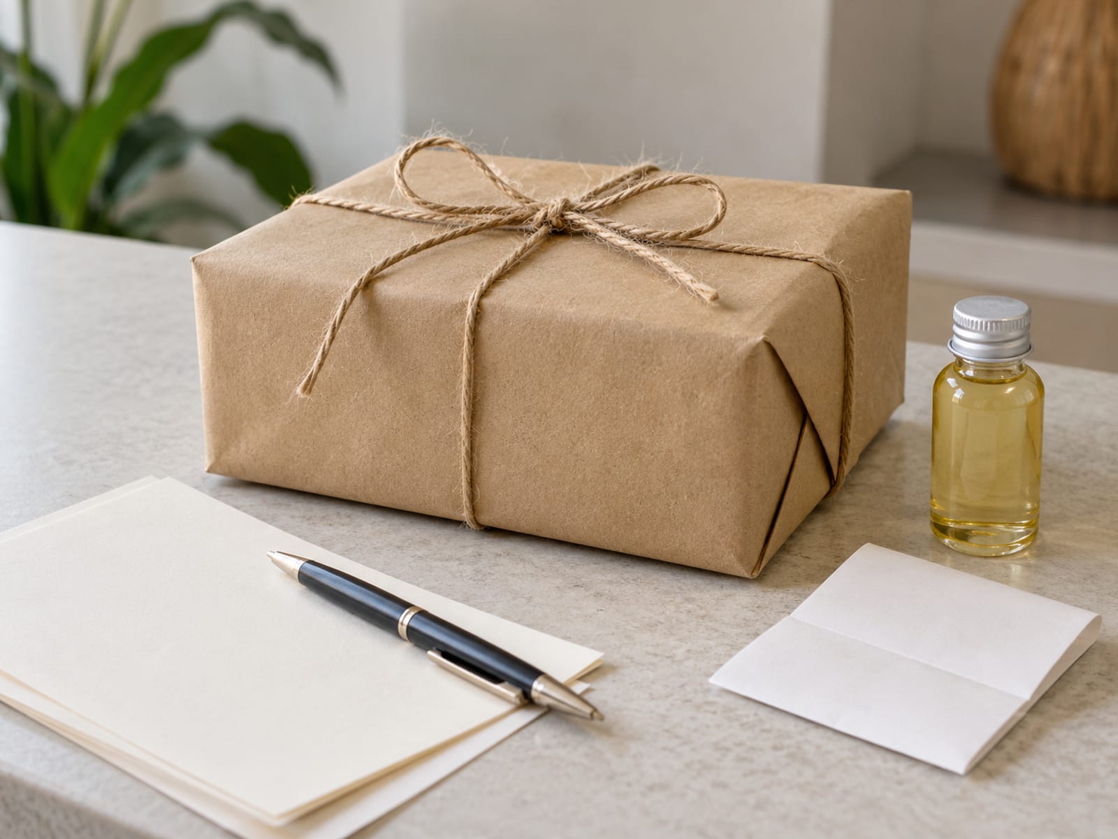 Gift wrapped in plain paper with twine beside blank paper sheets and a pen on a counter
