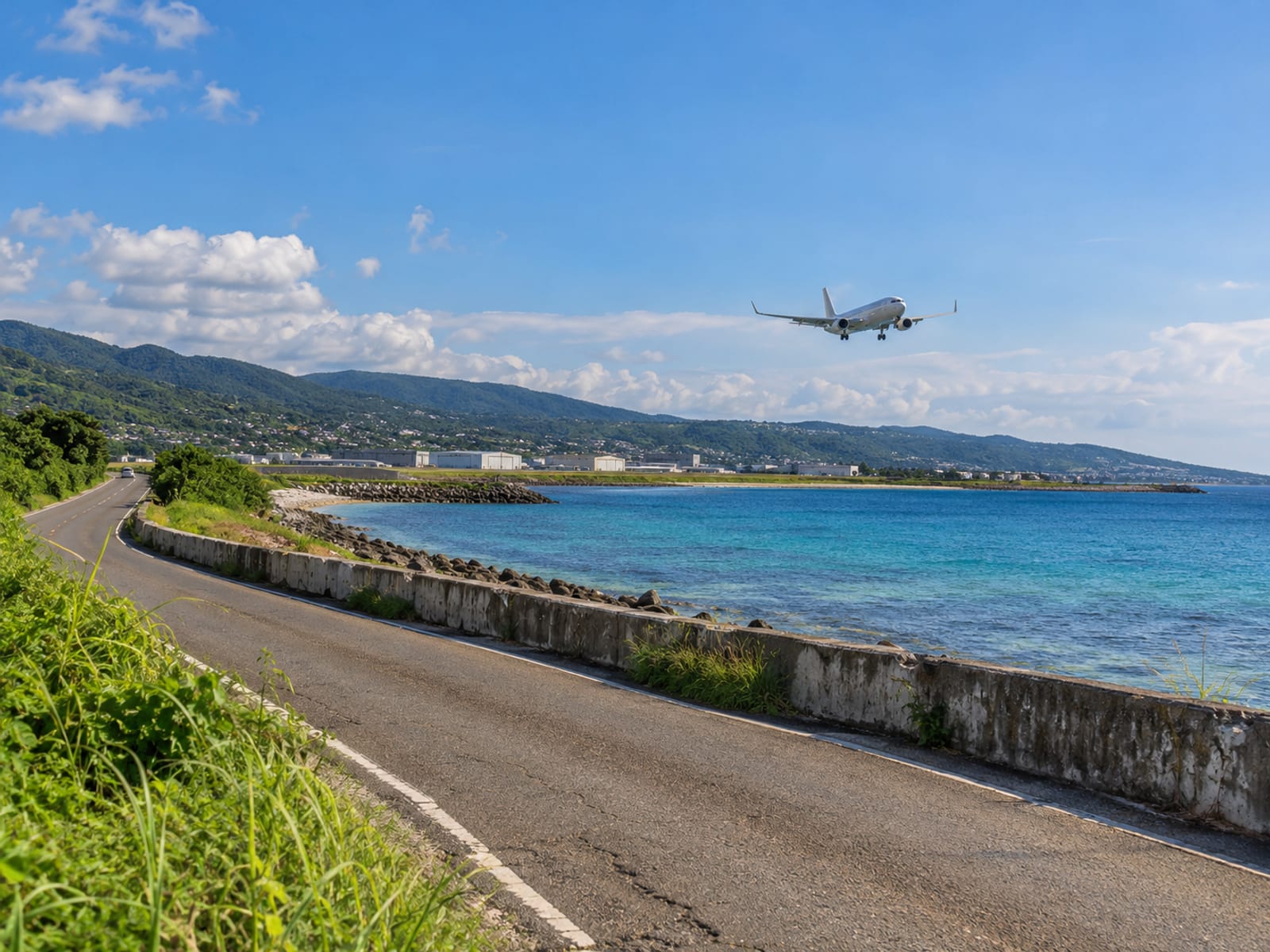 Distant view of a coastal road beside the sea with a small passenger jet low over the water