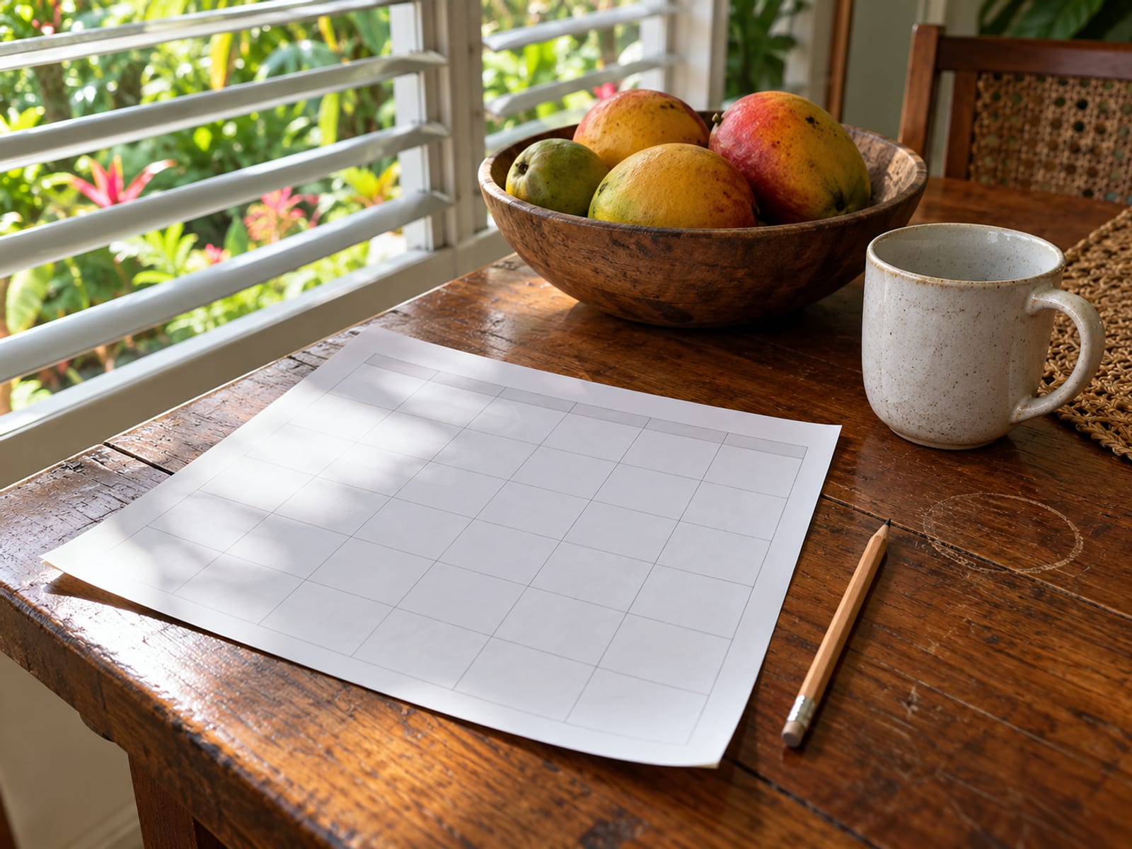 Close view of a plain wooden table with a blank paper calendar page, a pencil, a mug and a bowl of mangoes by a window
