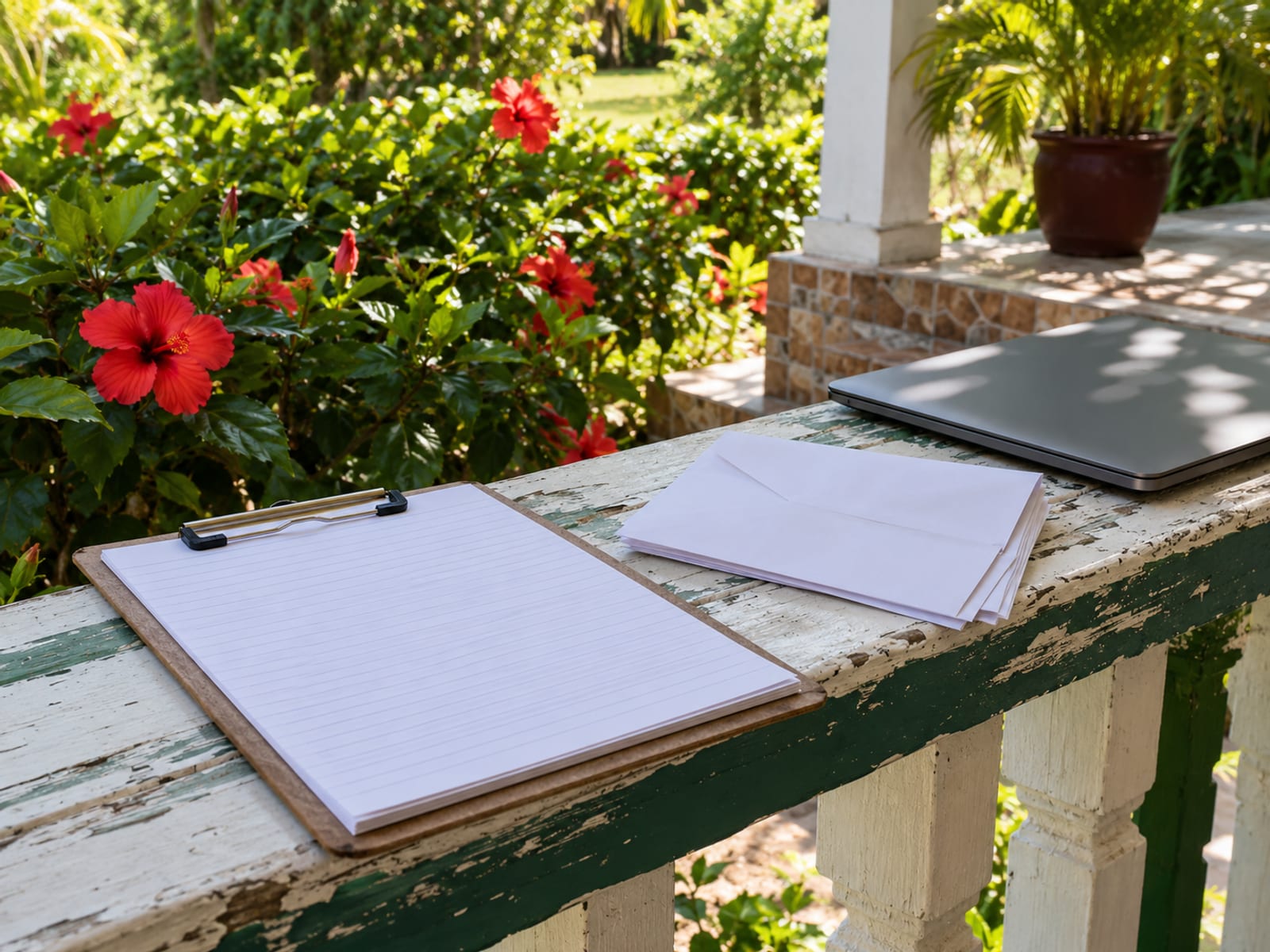 Clipboard with blank sheets and a stack of plain envelopes on a painted veranda rail with a hibiscus hedge behind