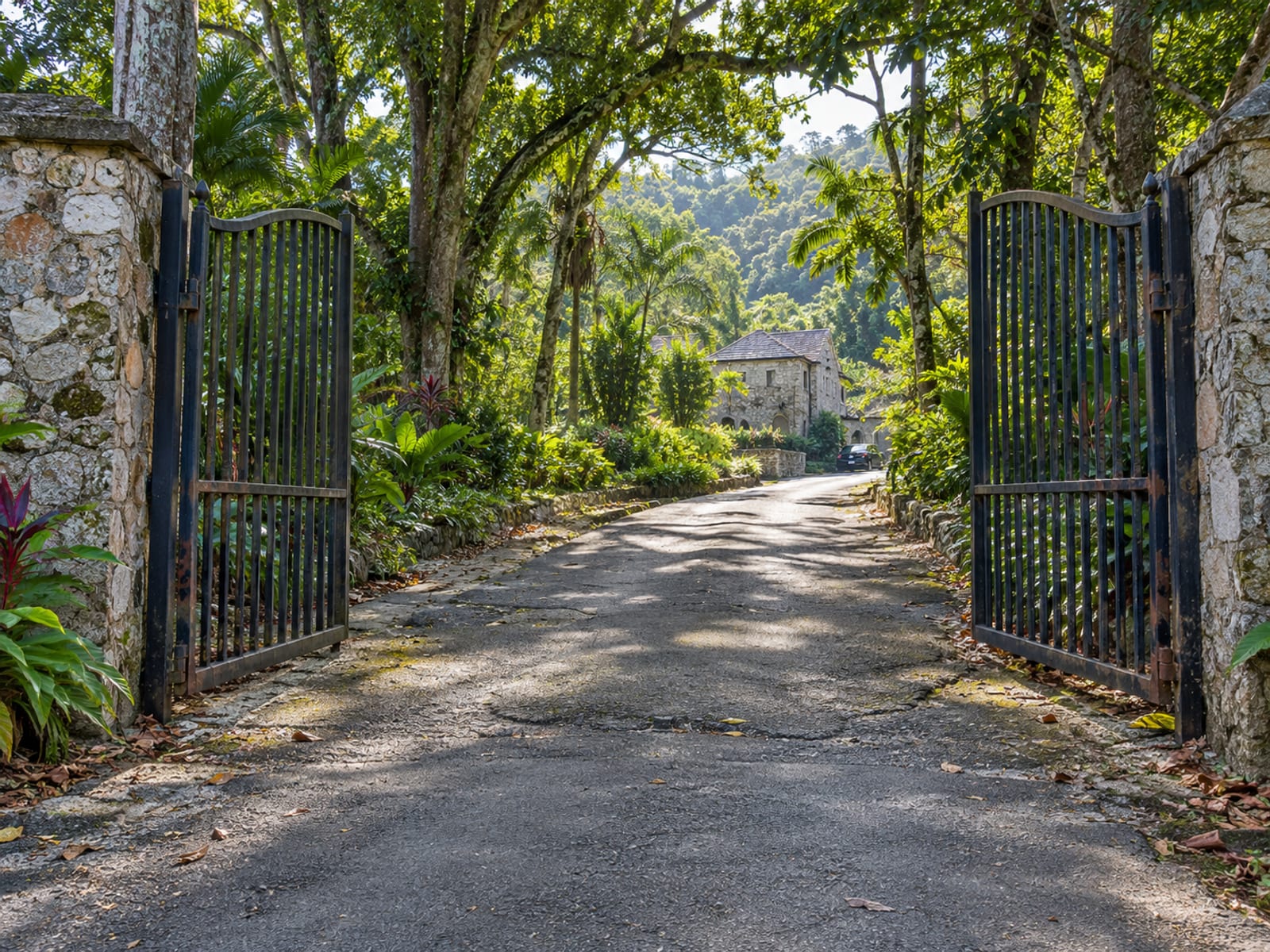 Open metal gate at the start of a narrow tree lined estate drive with a distant stone building