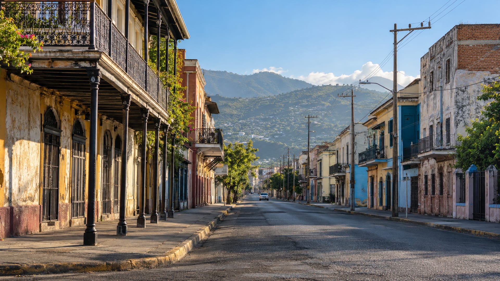 Quiet city street lined with older two storey brick and painted buildings under a clear morning sky with hills behind