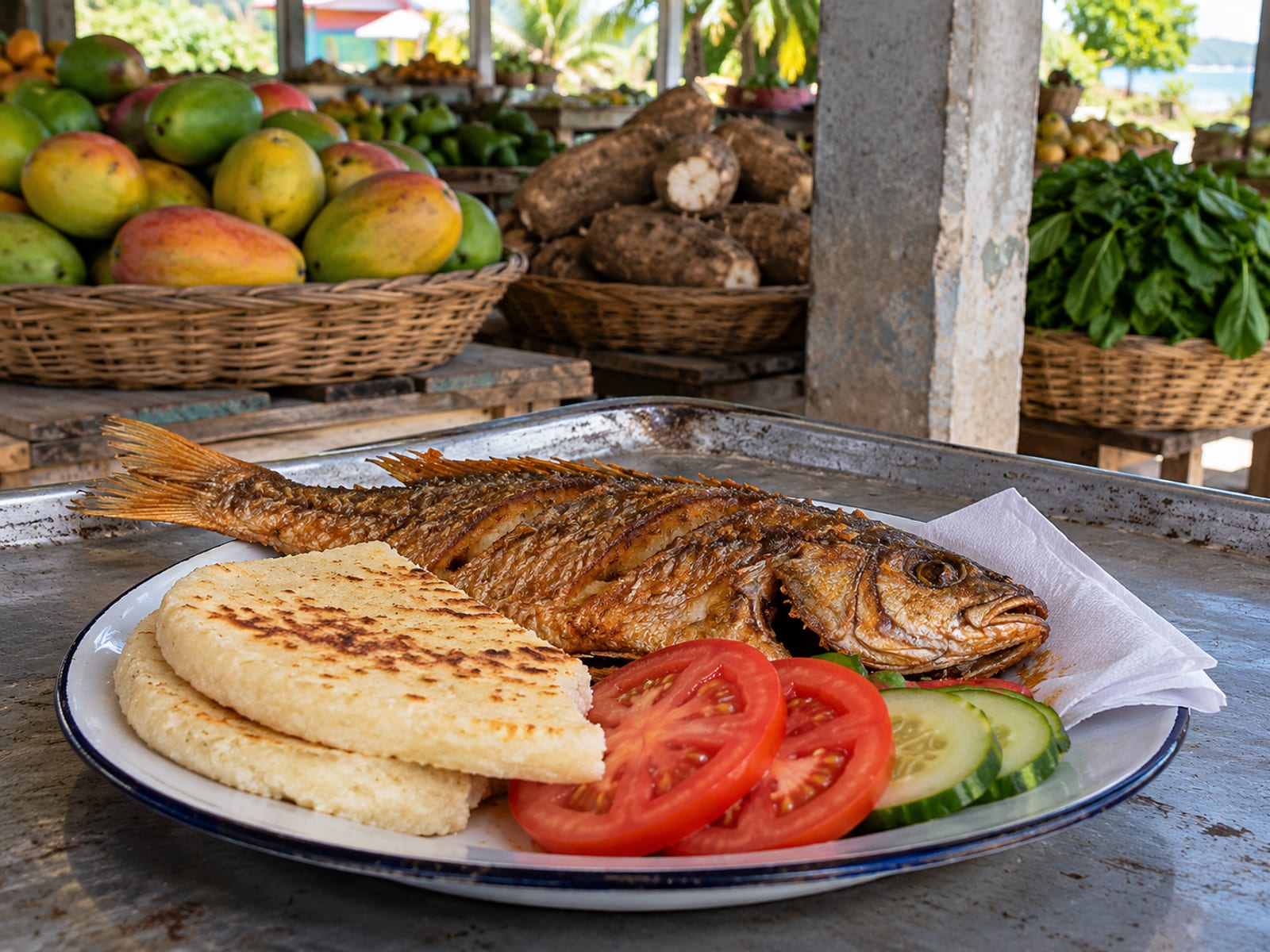 Plate of fried fish, bammy and sliced vegetables on a simple table with baskets of fruit behind