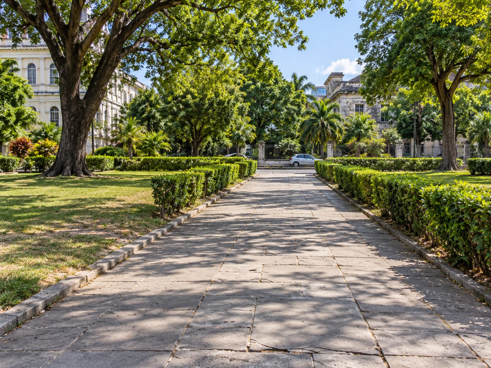 Wide paved walkway through a city garden with trimmed hedges, lawn and a small plain car at a far kerb