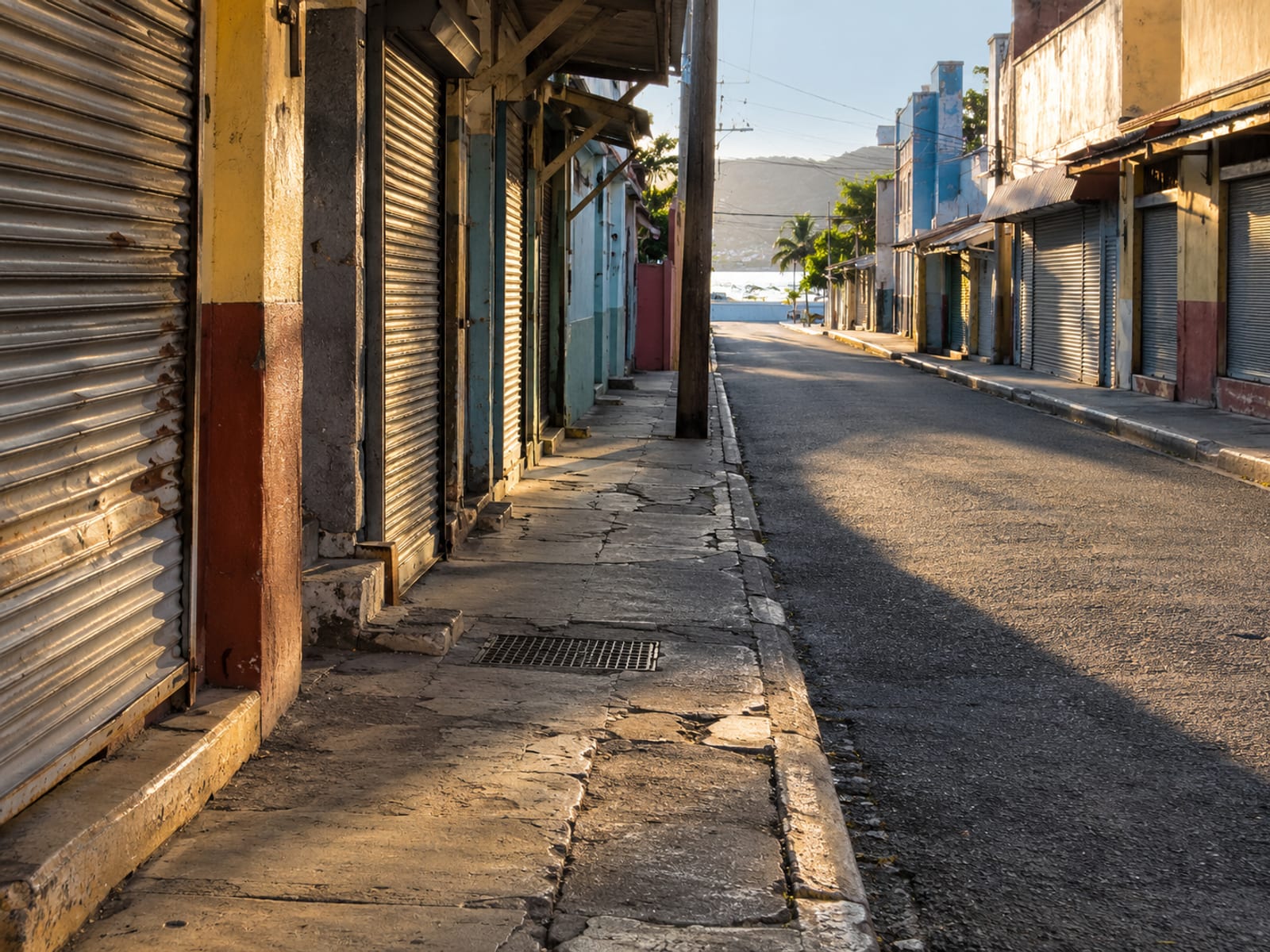 Narrow empty side street with shuttered shopfronts and long shade falling across the pavement