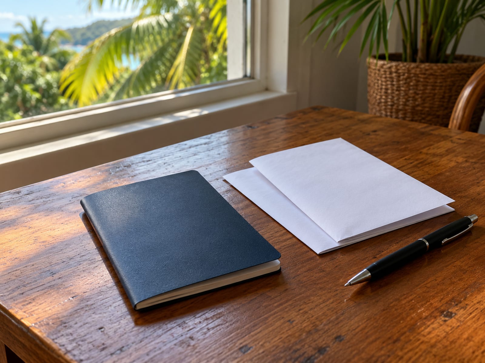 Closed plain dark travel booklet and folded blank papers resting on a wooden desk beside a sunlit window