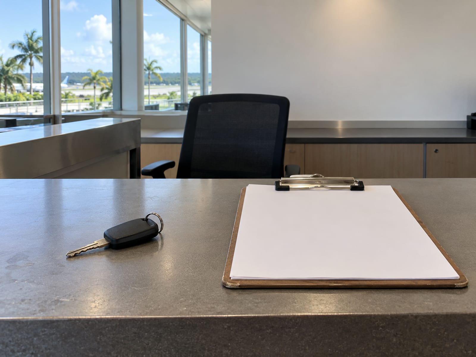 Empty rental counter with a single car key on a plain fob and a blank clipboard under bright indoor light