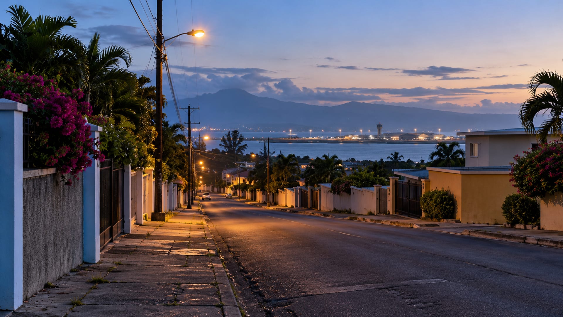 Quiet pre dawn Kingston street with street lamps lit and a pale sky above low buildings