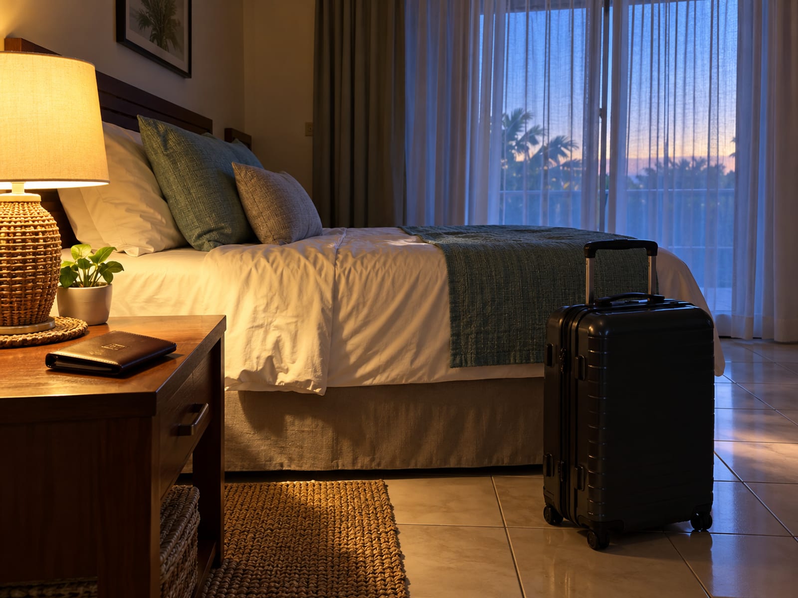 Bedside table with a lamp and a passport wallet and a packed suitcase standing by the bed