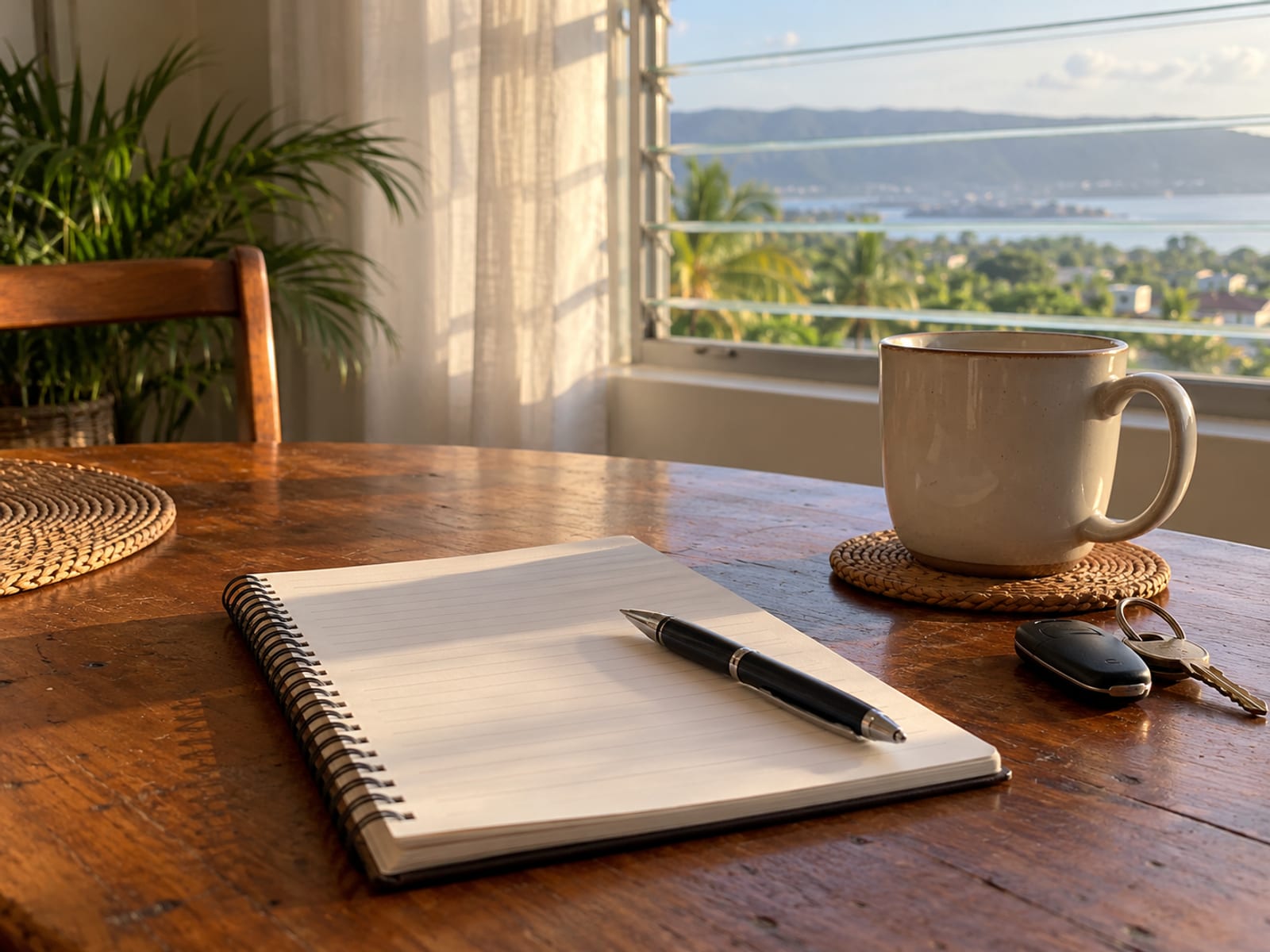 Blank notepad, pen, keys and a mug on a table near a window with early light