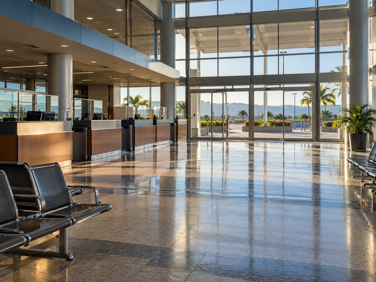Empty airport ground transport hall with plain counters and benches and early light through glass doors