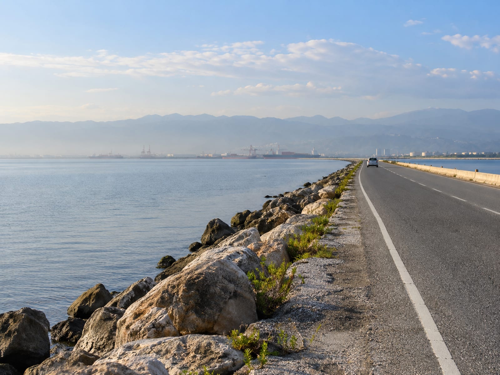 Low causeway road beside calm harbour water with one small plain vehicle far away