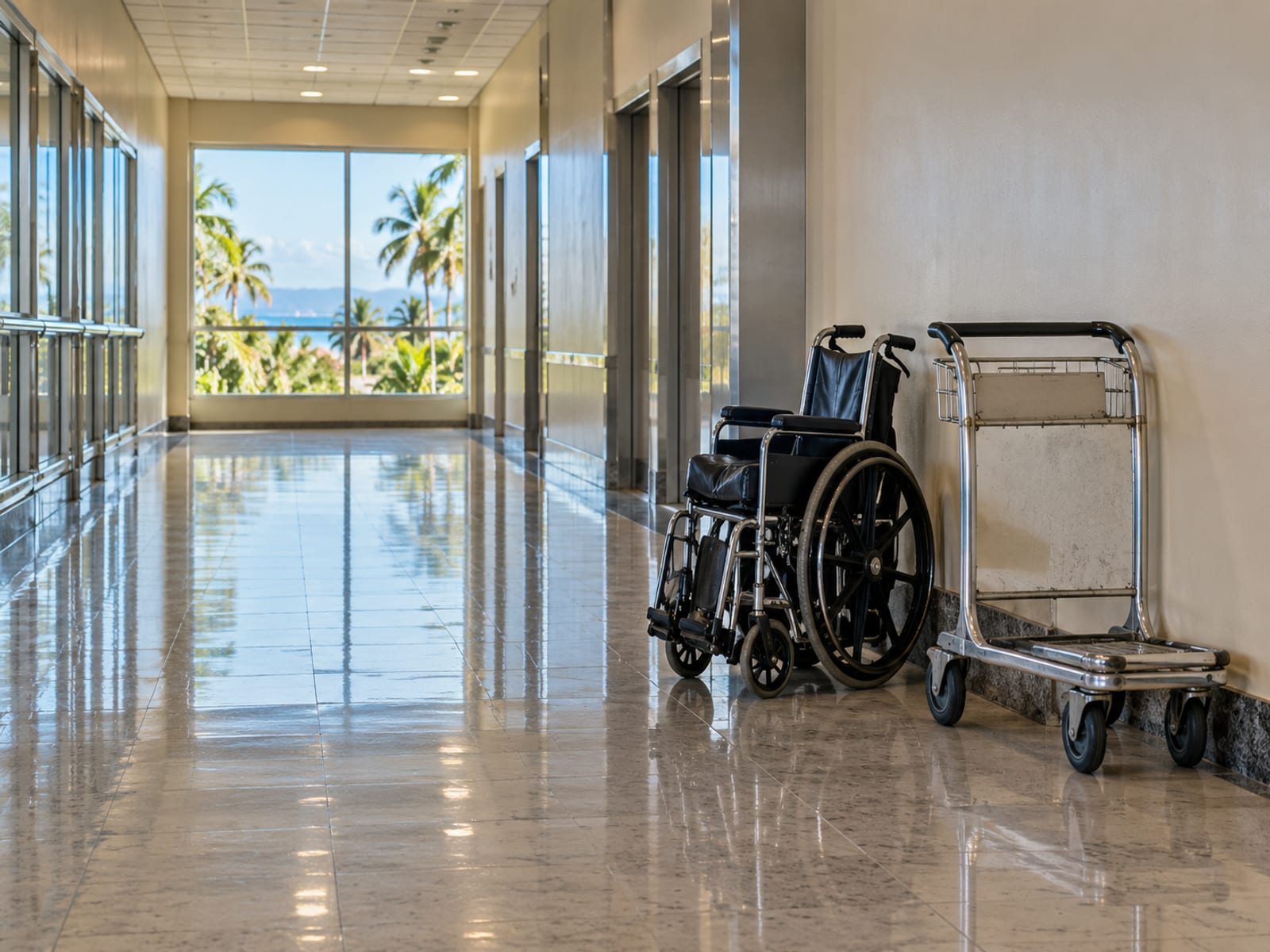 Empty folded wheelchair beside a baggage cart in a clean empty hallway with a window at the end