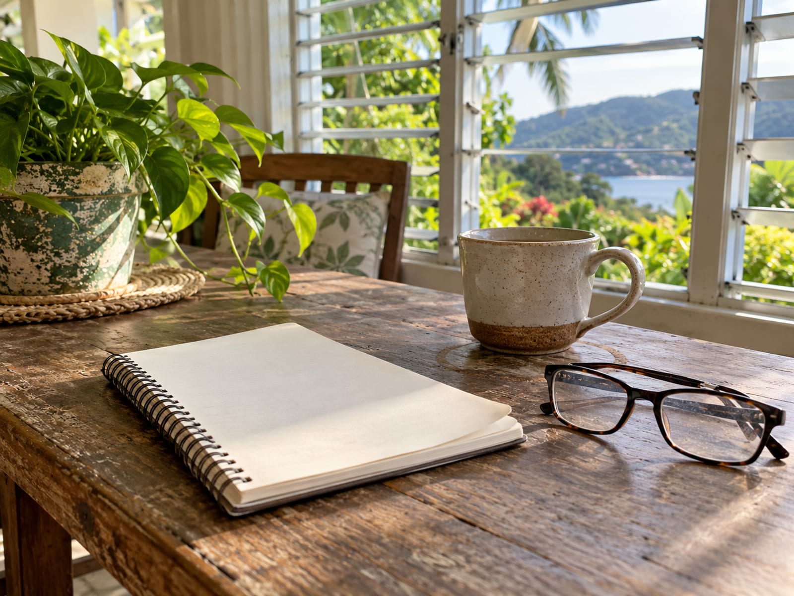 Blank notepad, reading glasses and a cup of tea on a veranda table, with louvre windows behind