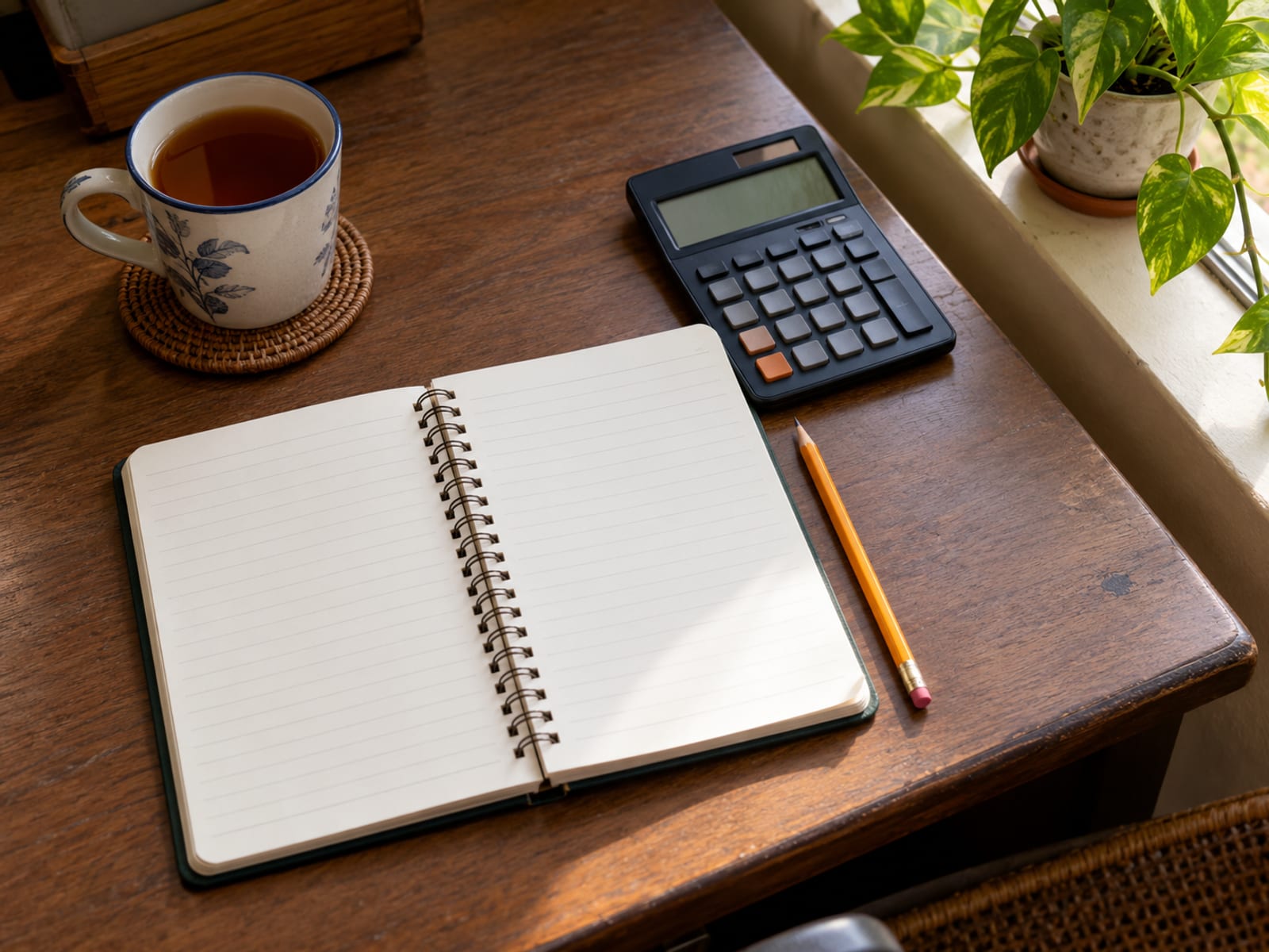 Top view of a desk with a blank notebook, a calculator and a pencil beside a cup of tea
