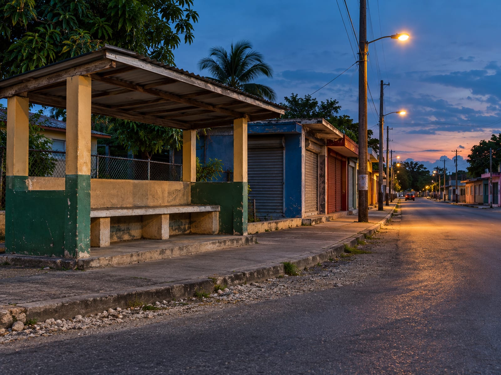 Empty roadside shelter on a quiet town street at dusk with street lamps just coming on