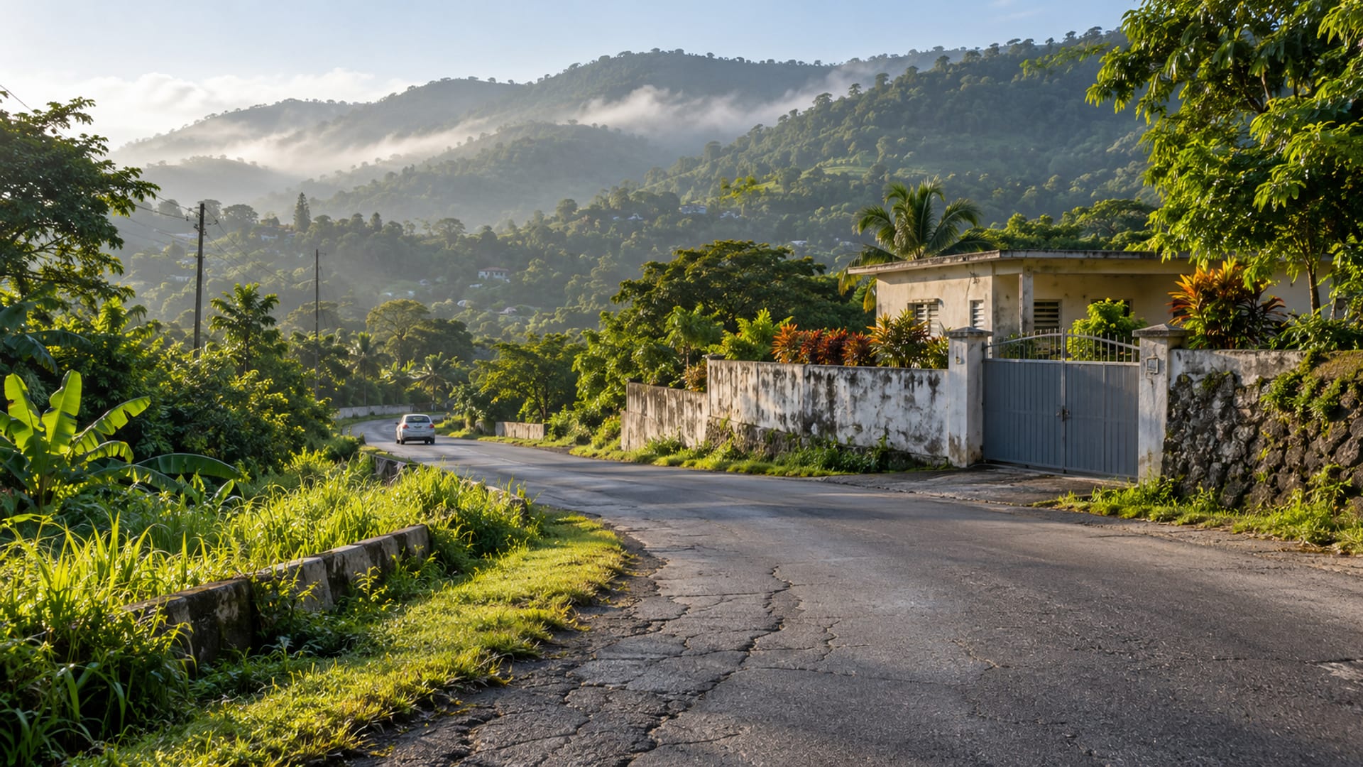 Narrow country road curving toward a low painted concrete building with a closed metal gate, hills behind and a faint mist