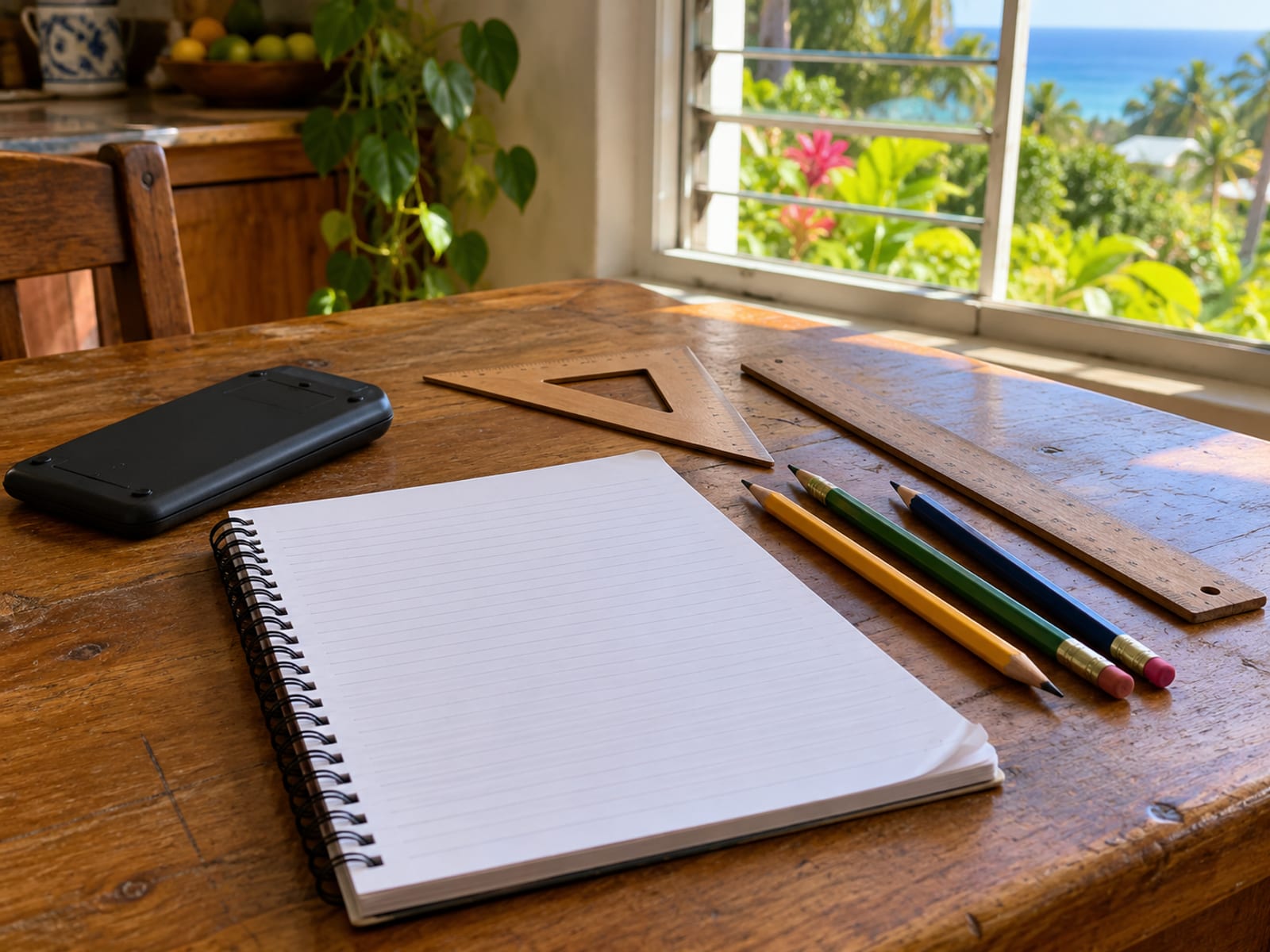 Blank notepad, sharpened pencils, a ruler and a set square on a wooden kitchen table beside a window