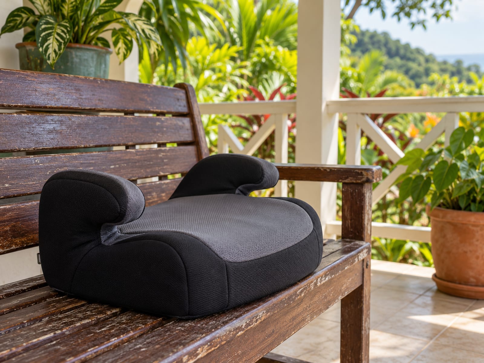 Plain grey child booster cushion resting on a wooden veranda bench with a garden beyond