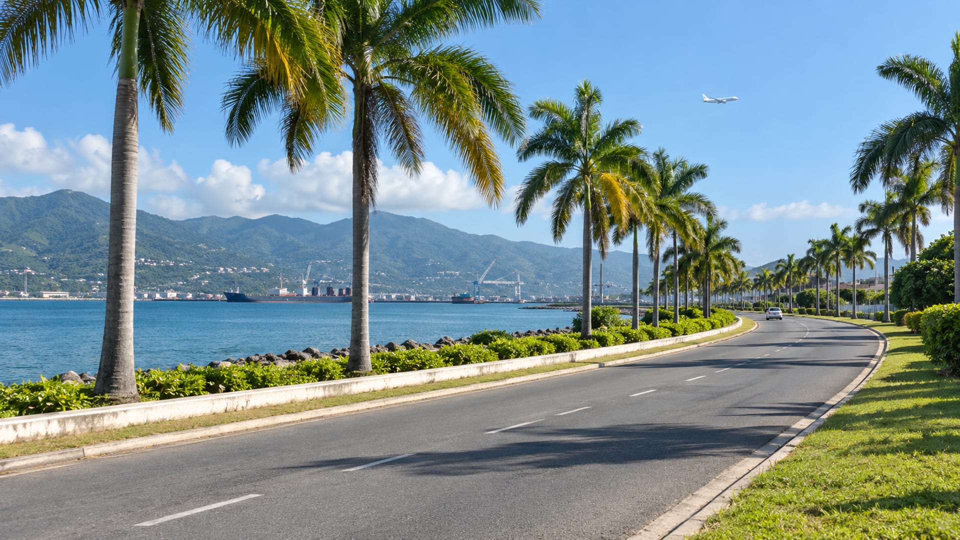 Wide palm lined approach road beside a calm harbour with a small plain aircraft in the distant sky