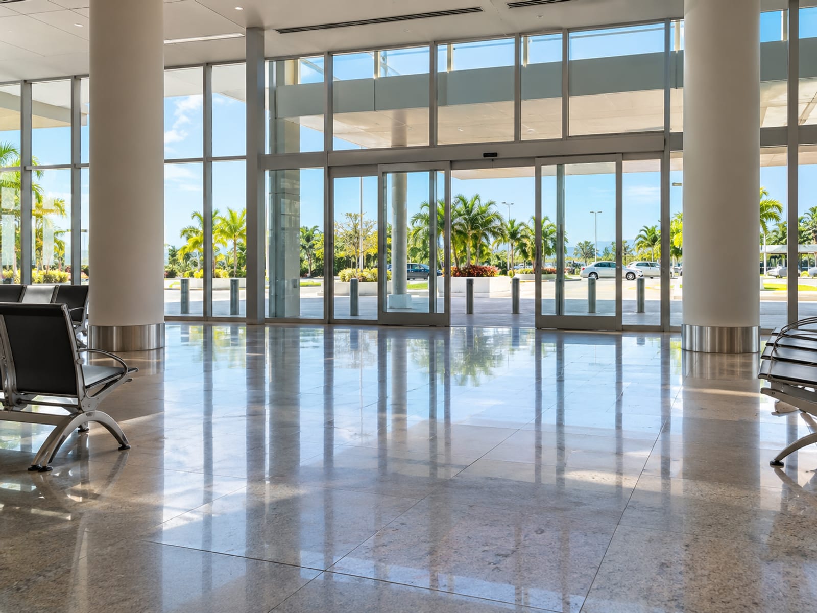 Empty bright arrivals hall with polished floor, glass doors and plain pillars