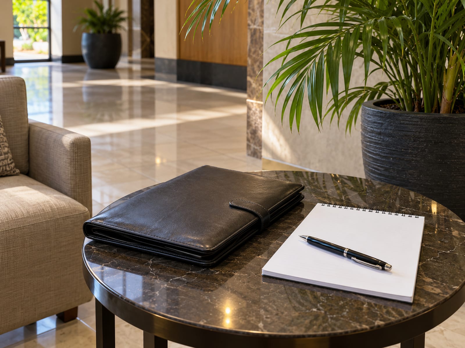 Closed leather folio, pen and blank notepad on a lobby side table beside a potted palm